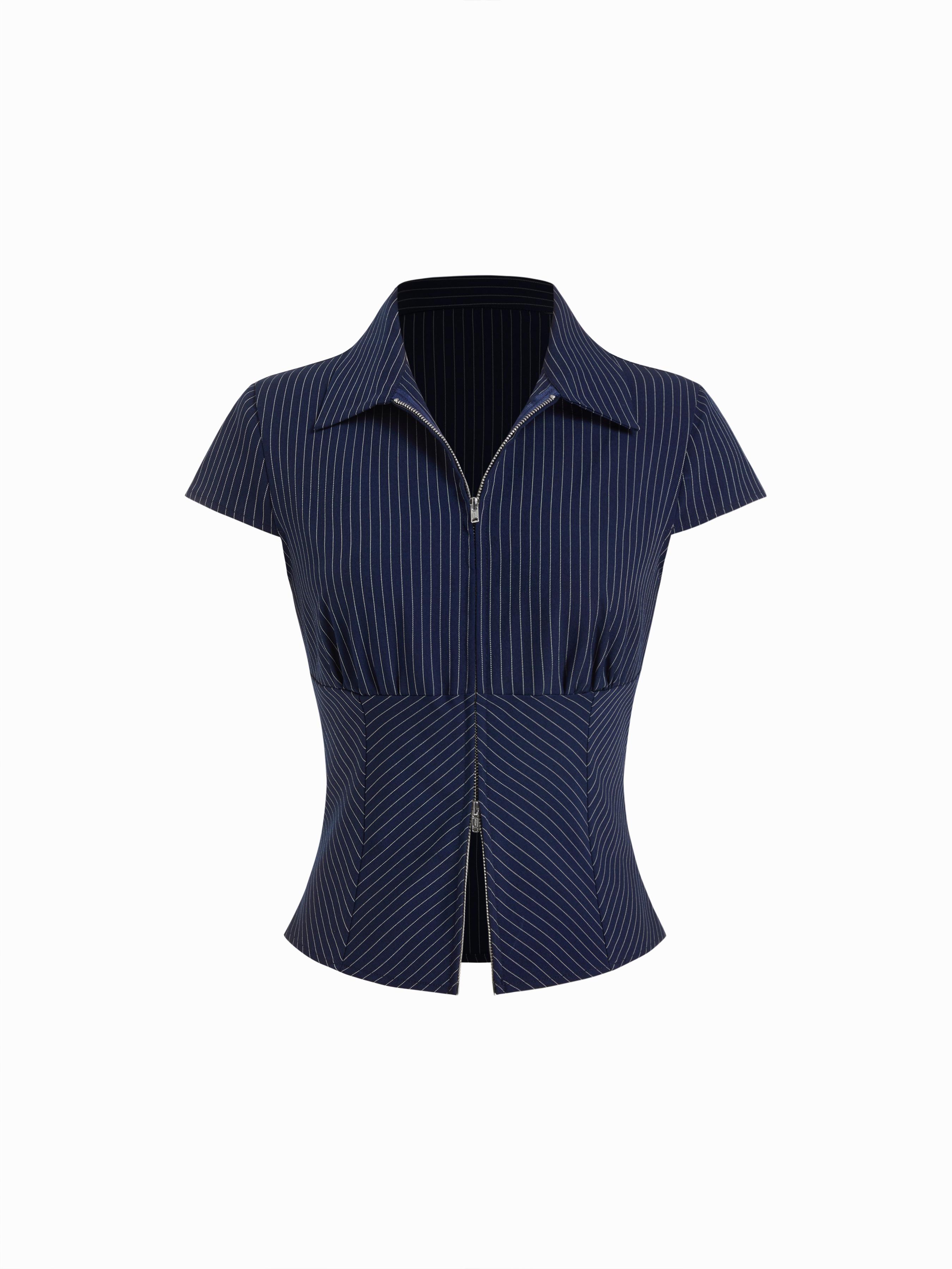 Cotton-blend Stripes Collar Zip Front Short Sleeve Blouse by CIDER