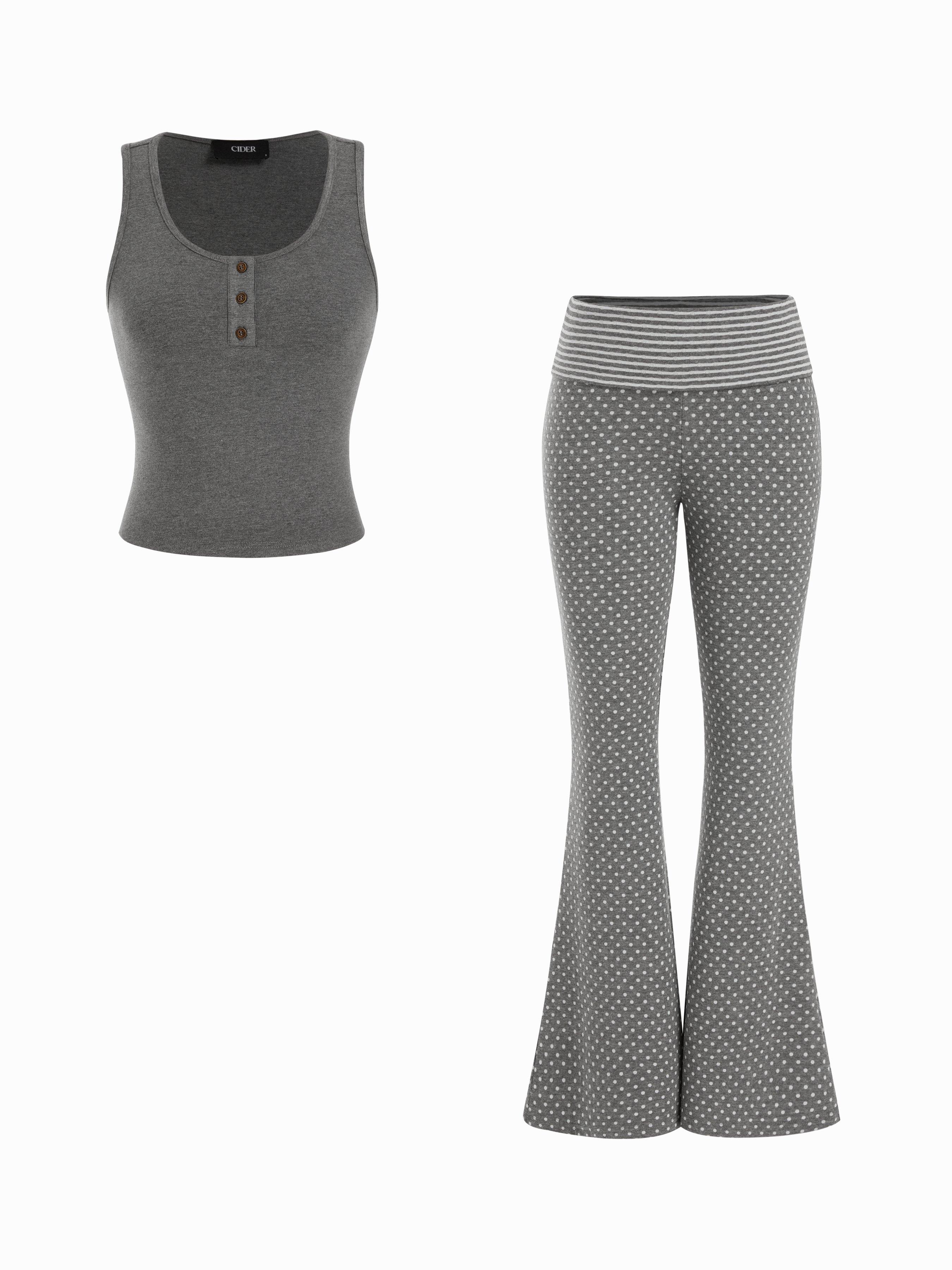 Cotton-blend Tank Top & High Rise Polka Dot Flared Trousers Set by CIDER