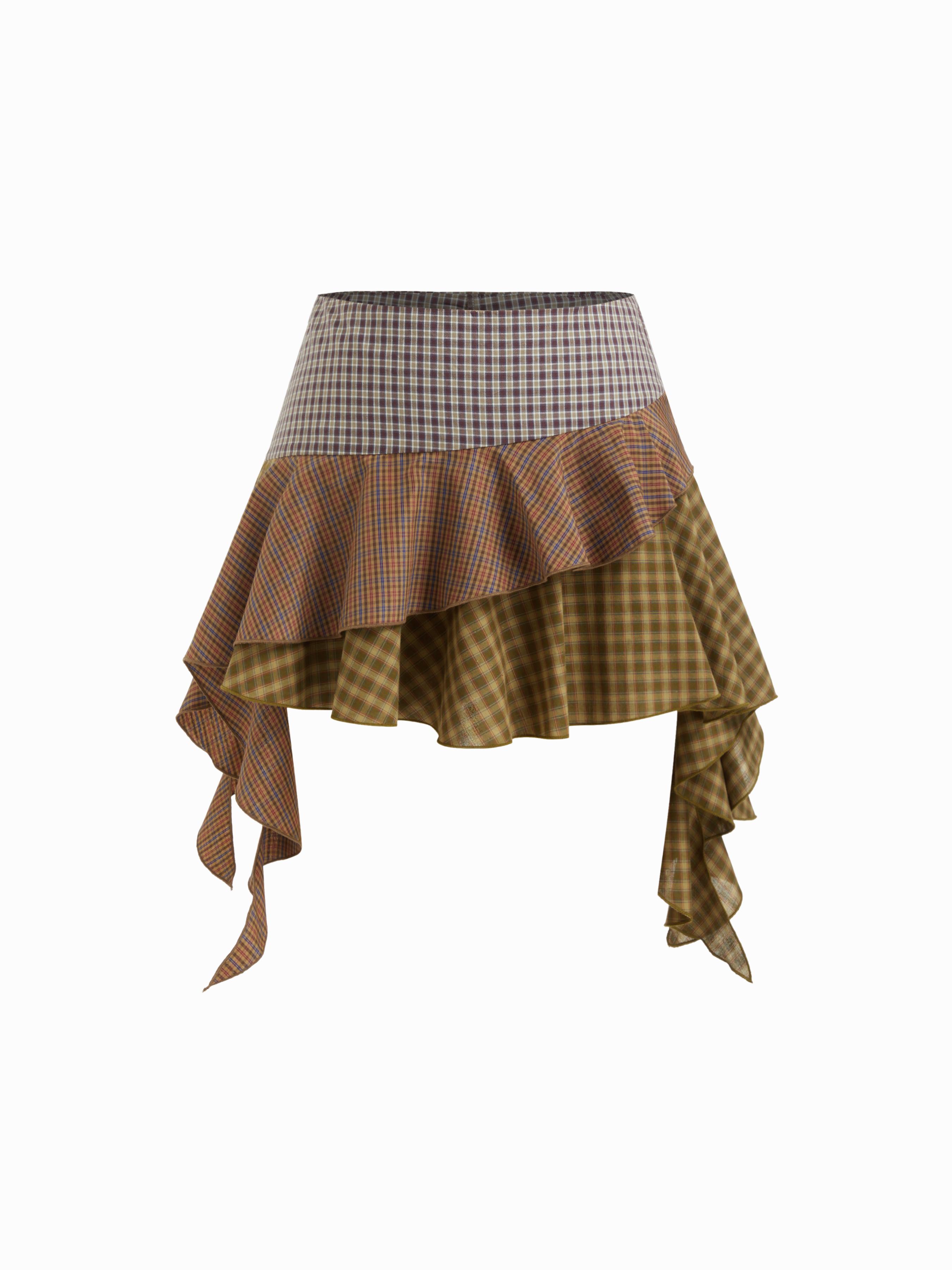 Cotton-blend Tartan Mid Rise Ruffle Hem Layered Mini Skirt by CIDER
