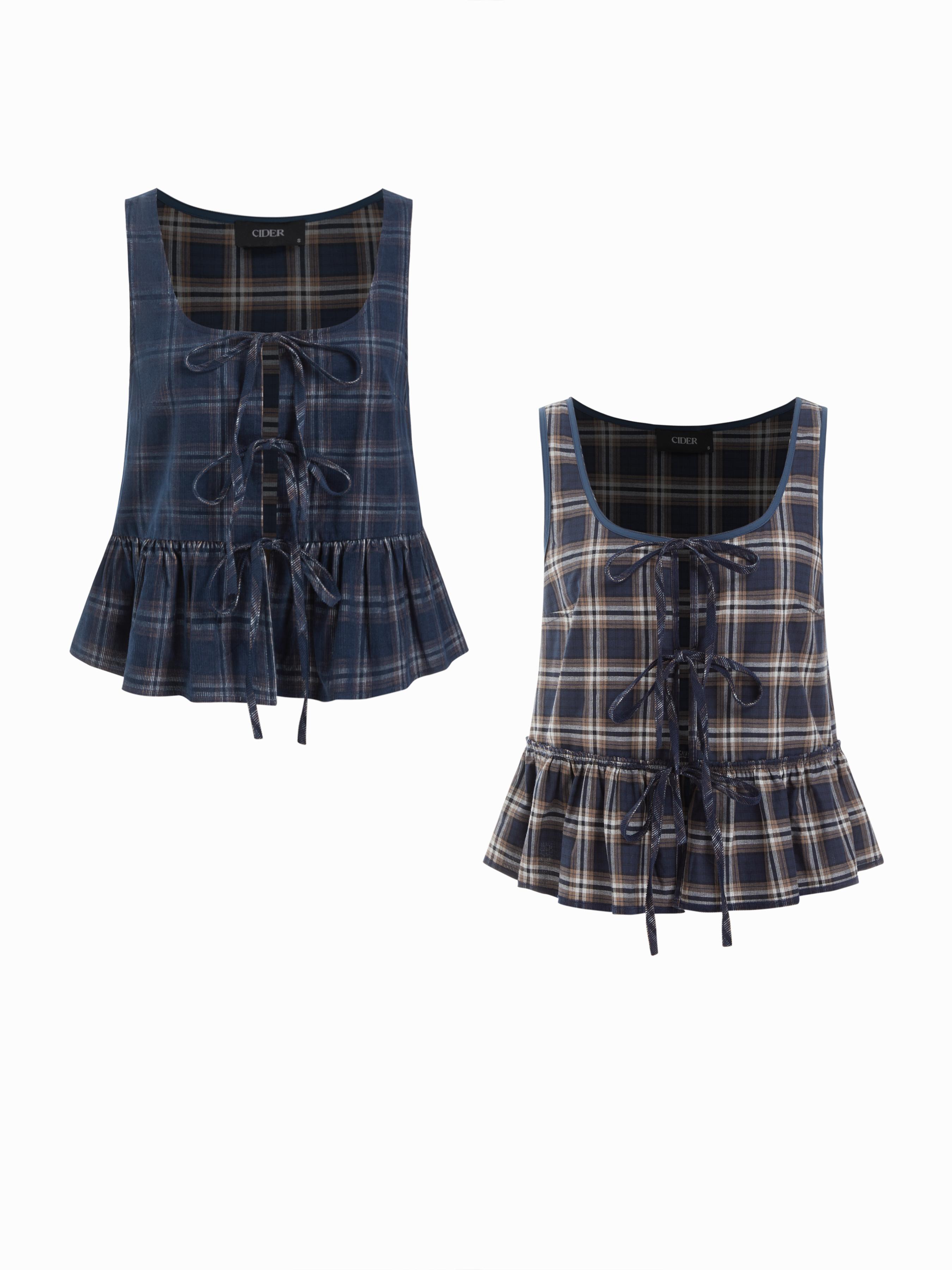 Cotton-blend Tartan Square Neckline Tie Front Ruffled Blouse by CIDER