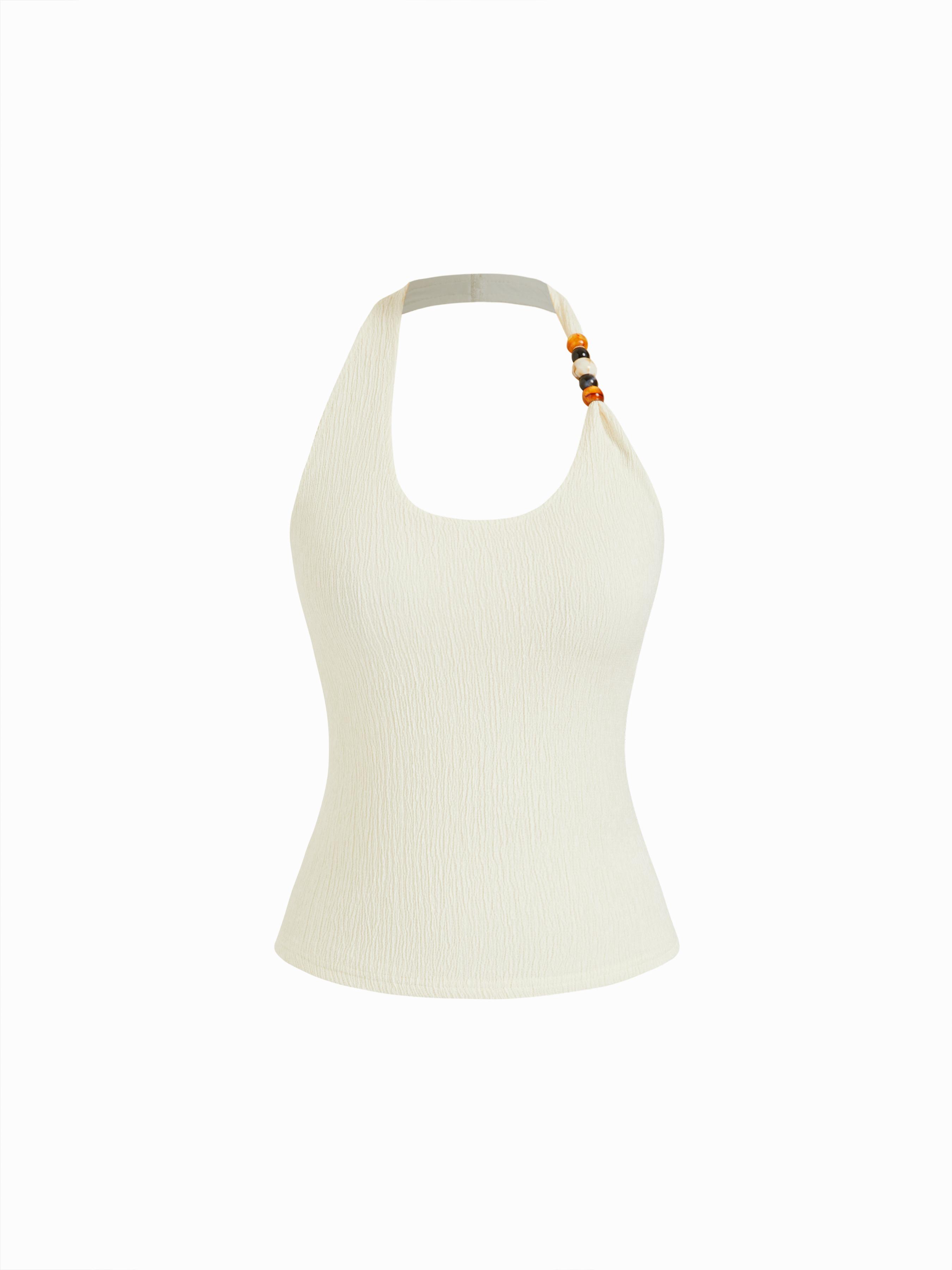 Cotton-blend Textured Asymmetrical Halter Neck Top With Bead Detail by CIDER