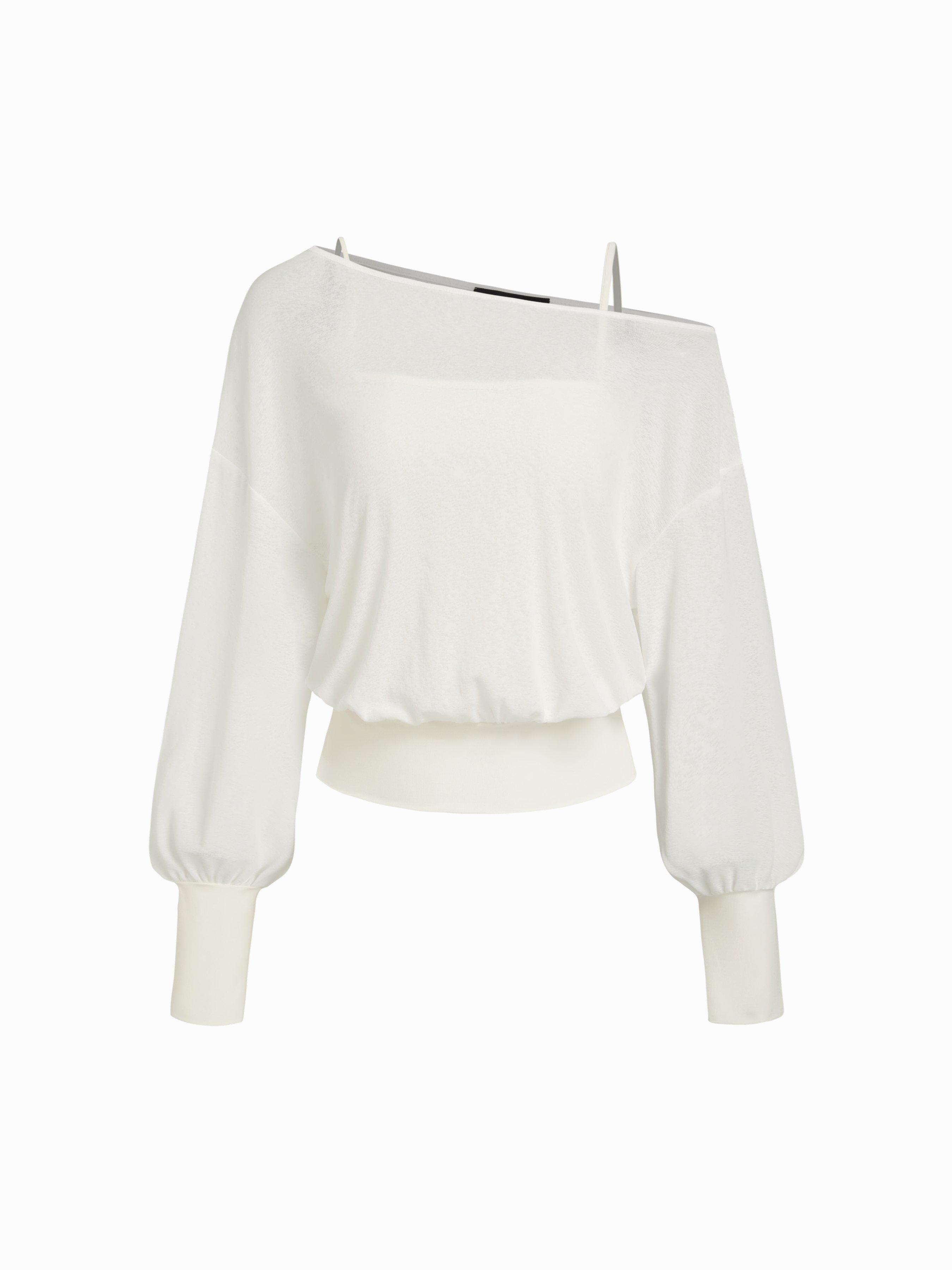 Cotton-blend Textured Asymmetrical Neck Lantern Sleeve Oversized Top & Cami Top by CIDER