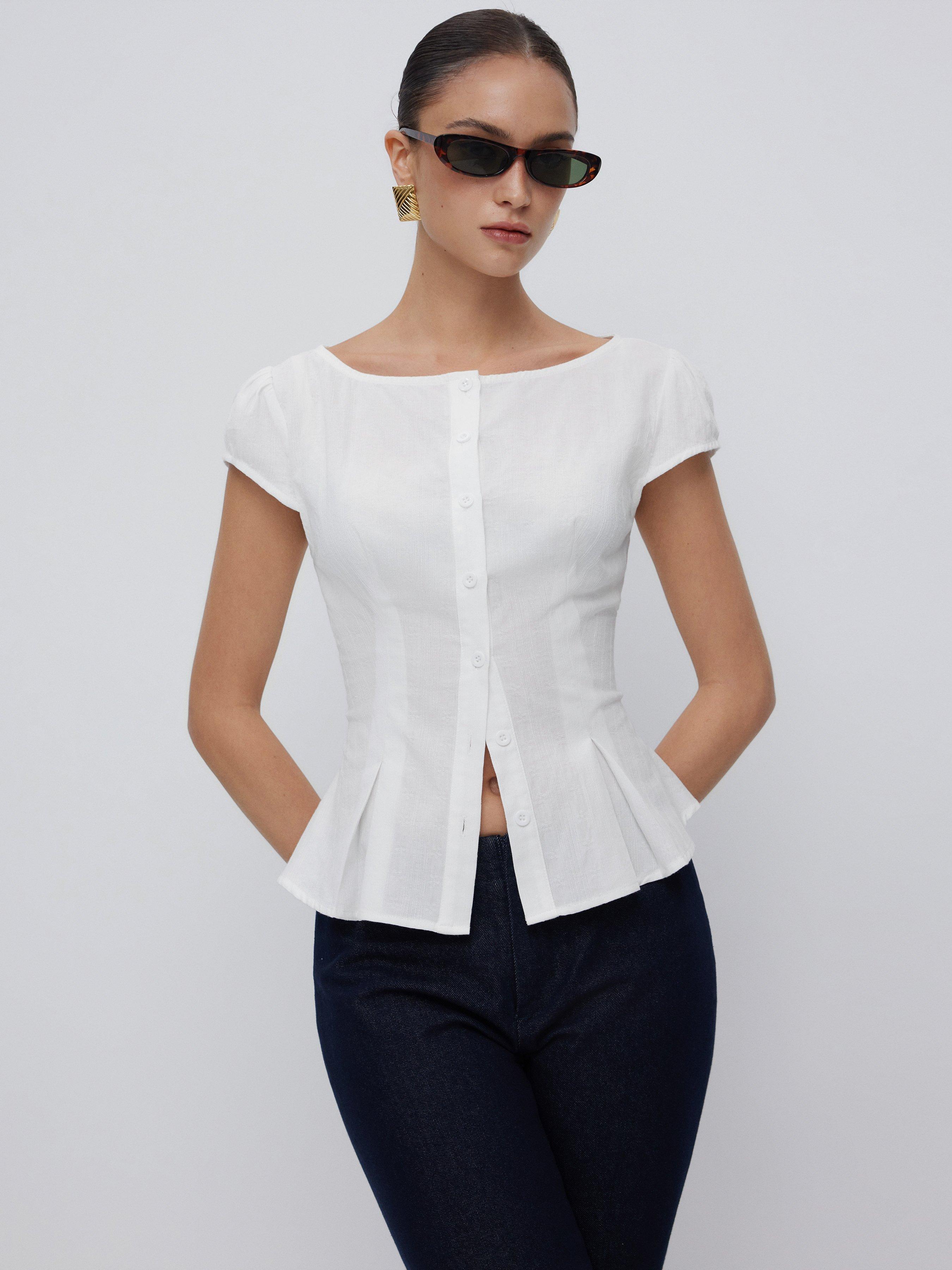 Cotton-blend Textured Boat Neck Puff Sleeve Button Through Peplum Blouse by CIDER