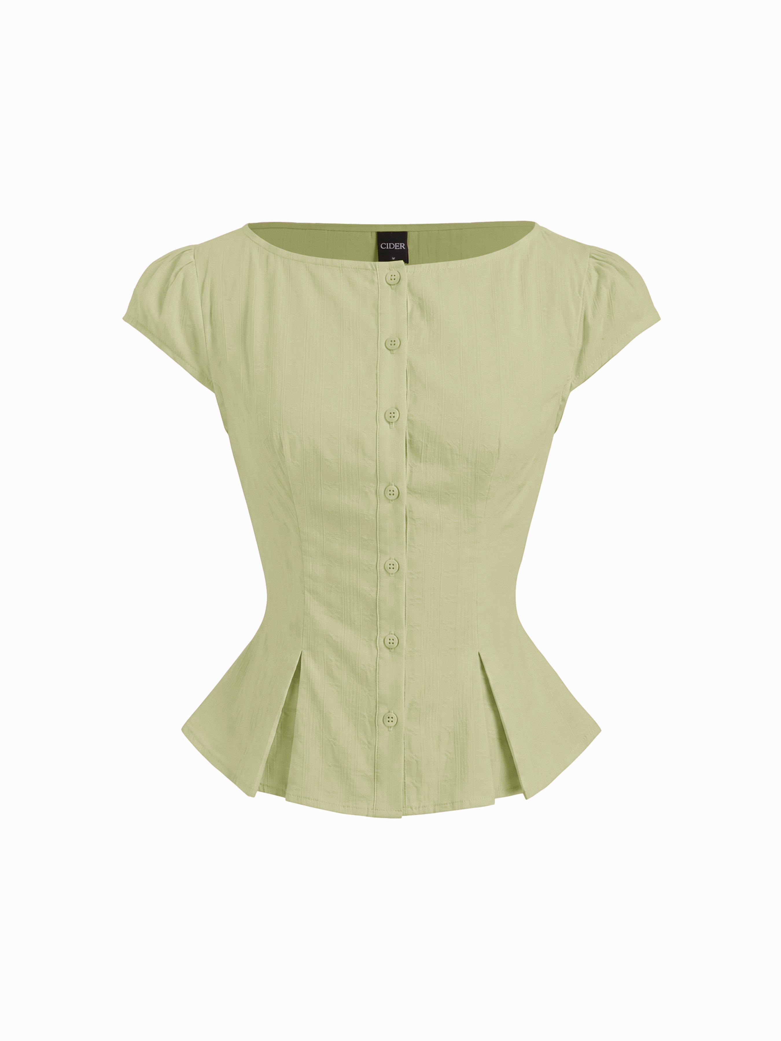 Cotton-blend Textured Boat Neck Puff Sleeve Button Through Peplum Blouse by CIDER