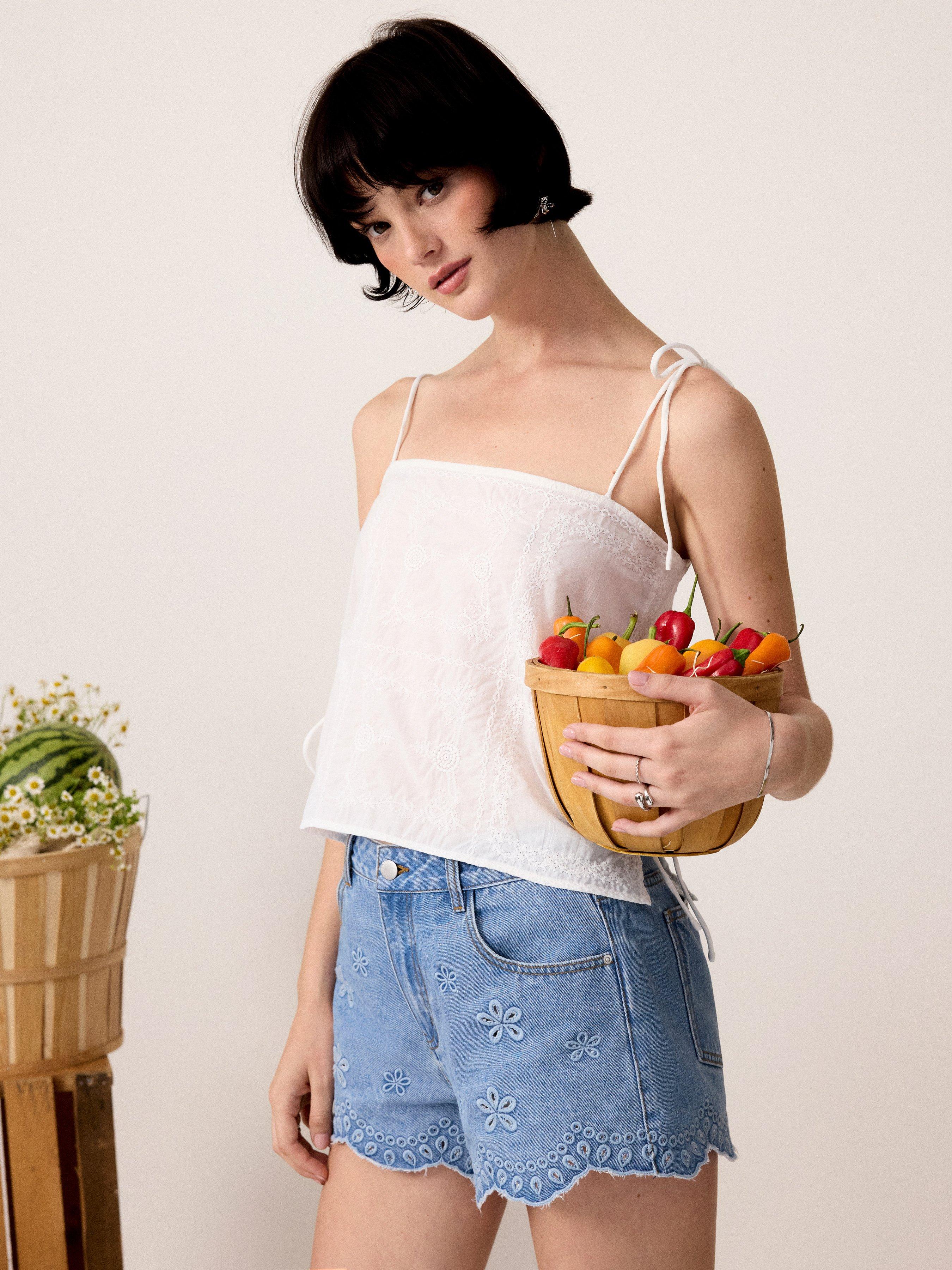 Cotton-blend Textured Embroidery Knotted Oversized Crop Blouse by CIDER