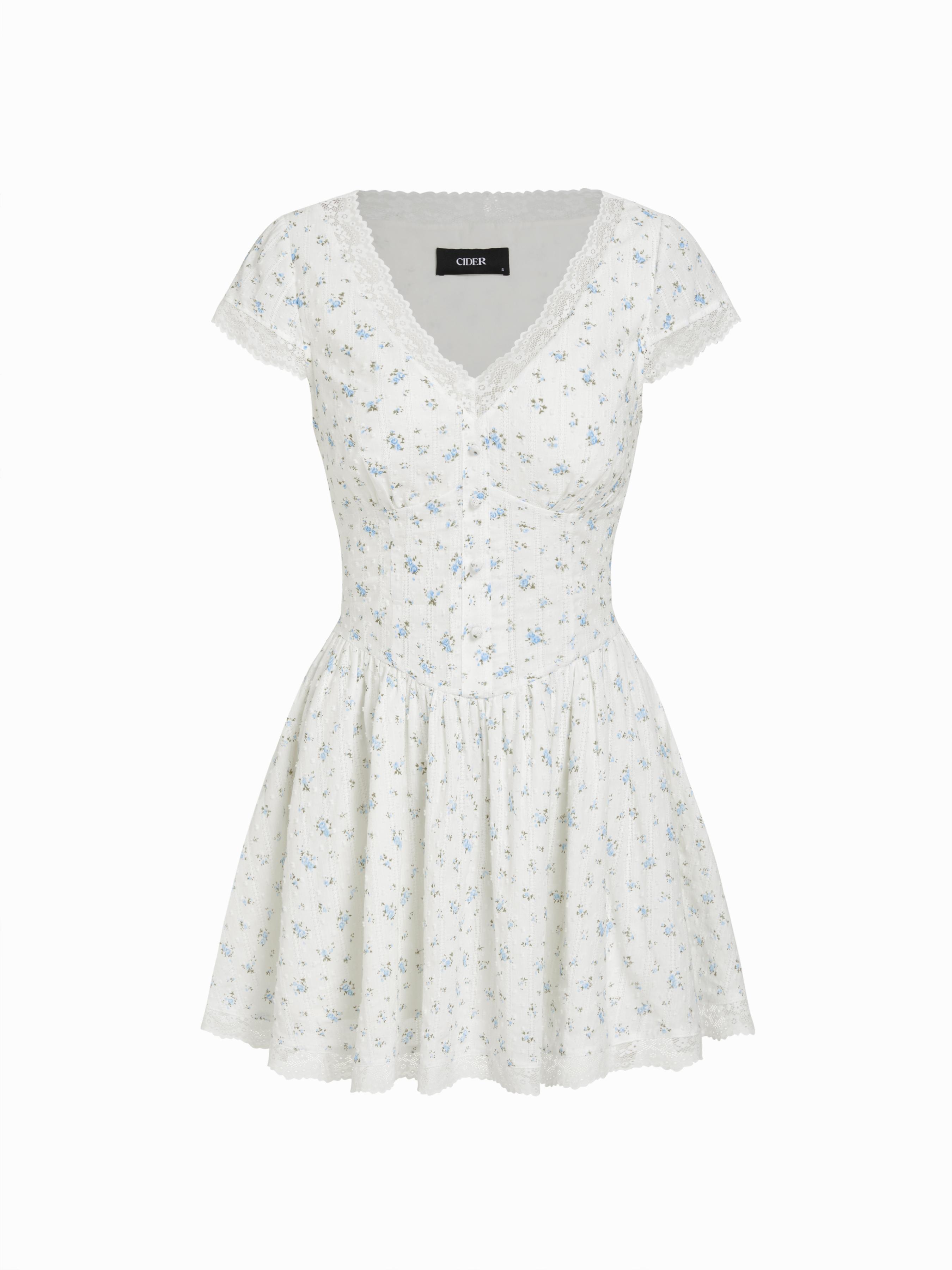 Cotton-blend Textured Floral V-neck A-line Mini Dress by CIDER