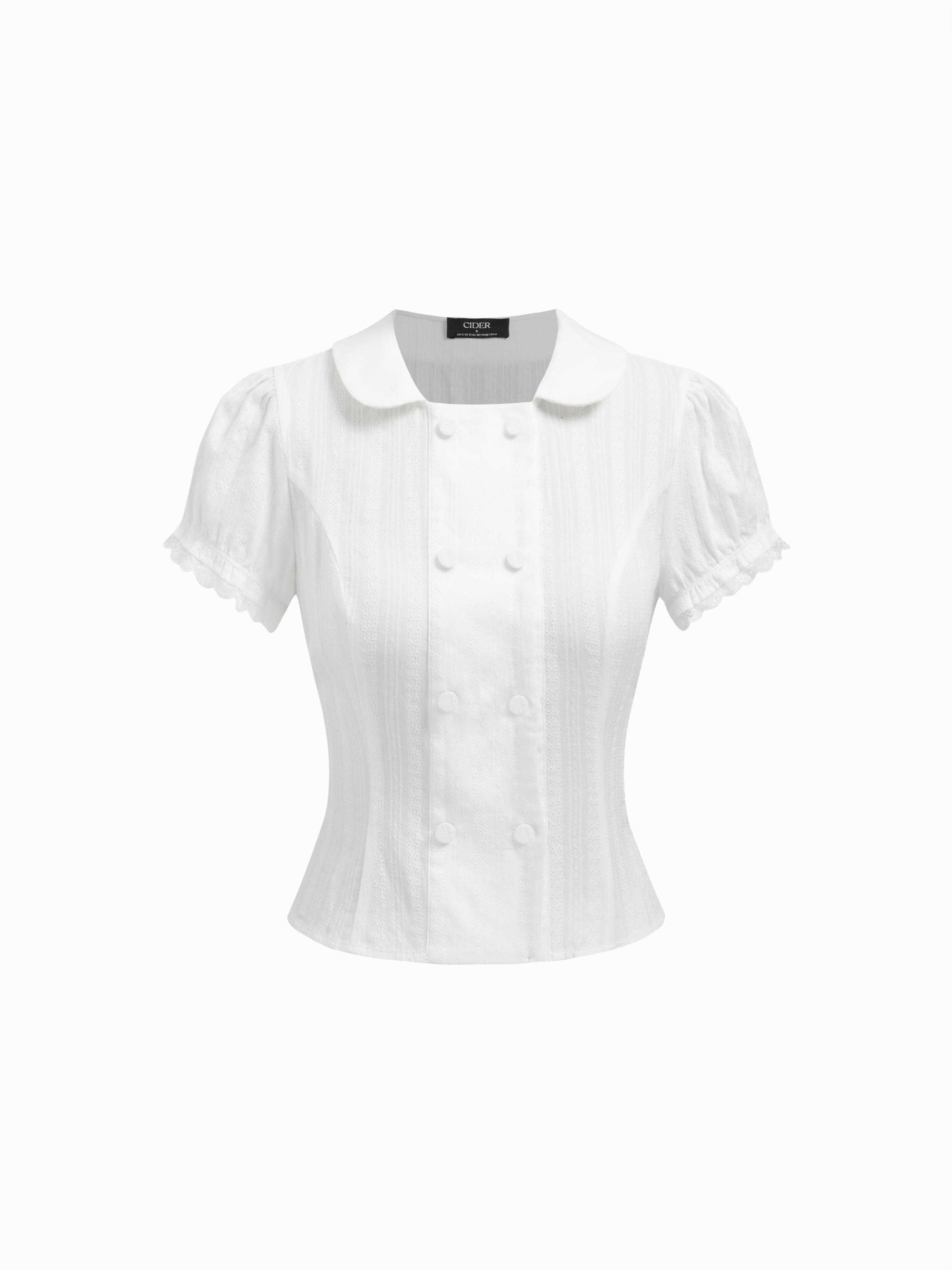 Cotton-blend Textured Puff Sleeve Ruffled Short Sleeve Blouse by CIDER