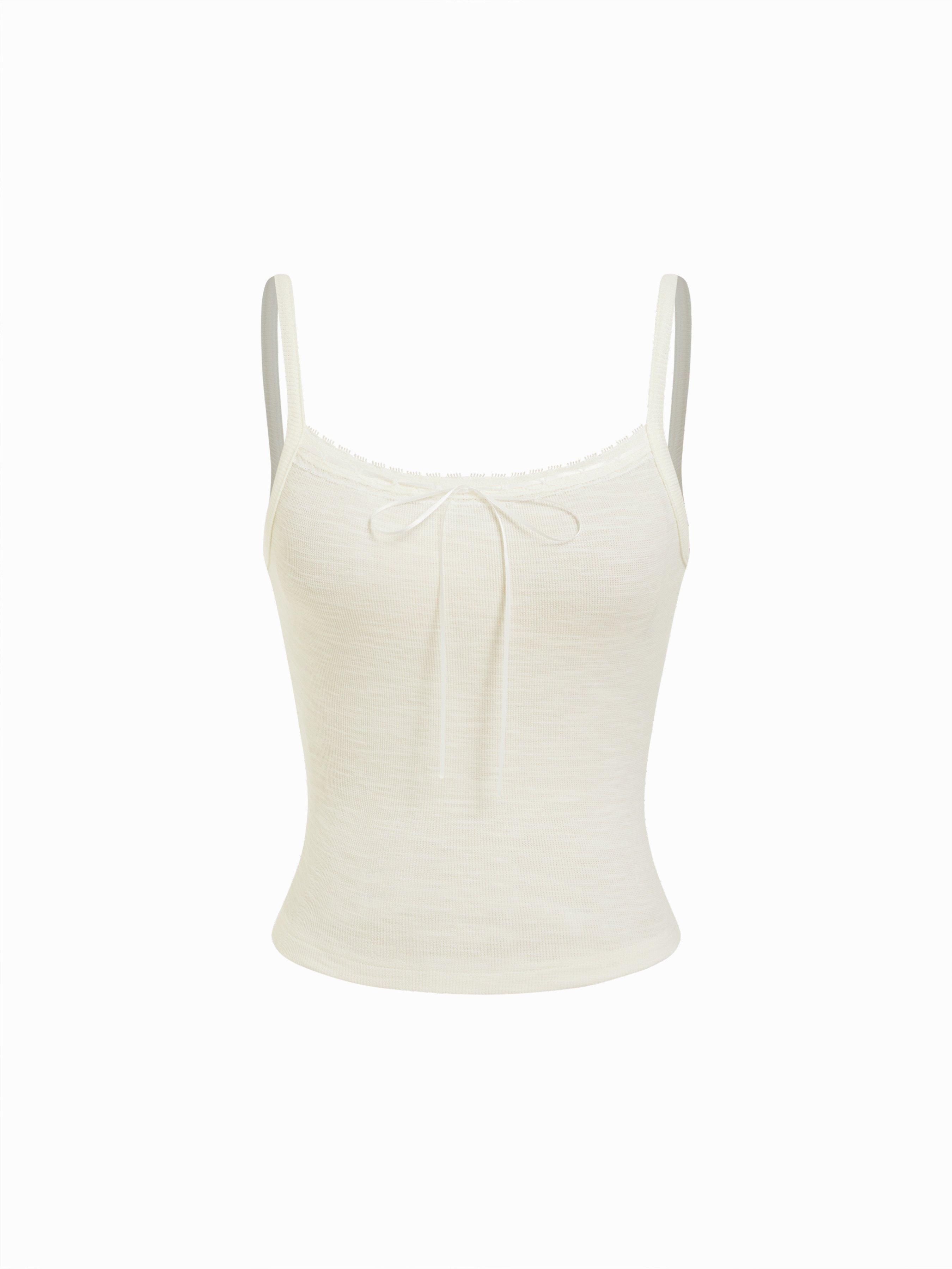 Cotton-blend Textured Scoop Neckline Lace Trim Bowknot Cami Top by CIDER