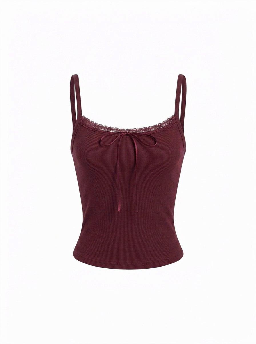 Cotton-blend Textured Scoop Neckline Lace Trim Bowknot Cami Top by CIDER