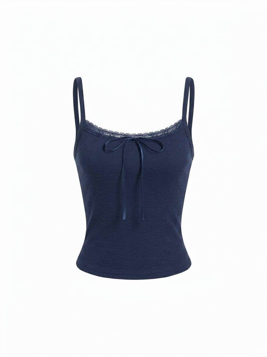Cotton-blend Textured Scoop Neckline Lace Trim Bowknot Cami Top by CIDER