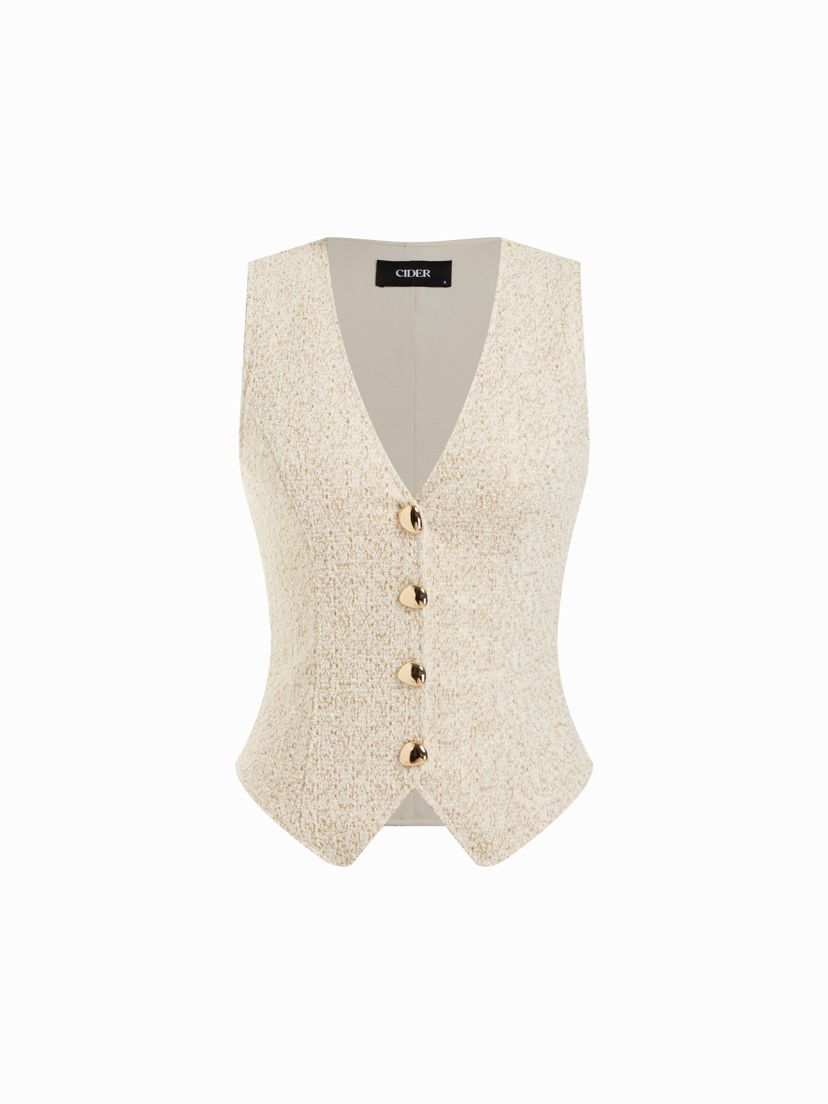 Cotton-blend Textured V-neck Blazer Vest With Metal Button Detail by CIDER