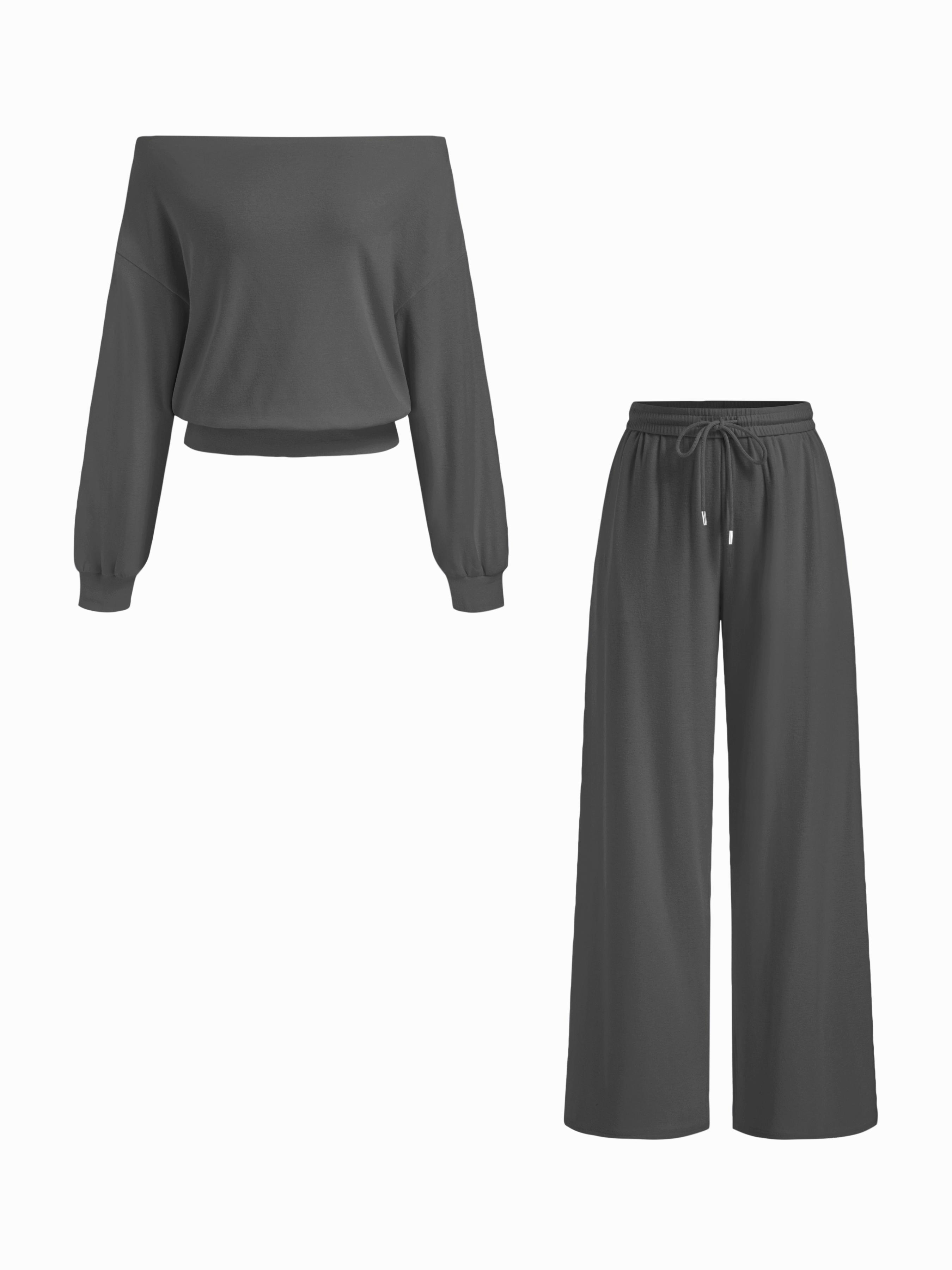 Cotton-blend Two Way Asymmetrical Neck Oversized Top & Mid Rise Drawstring Wide Leg Trousers Set by CIDER