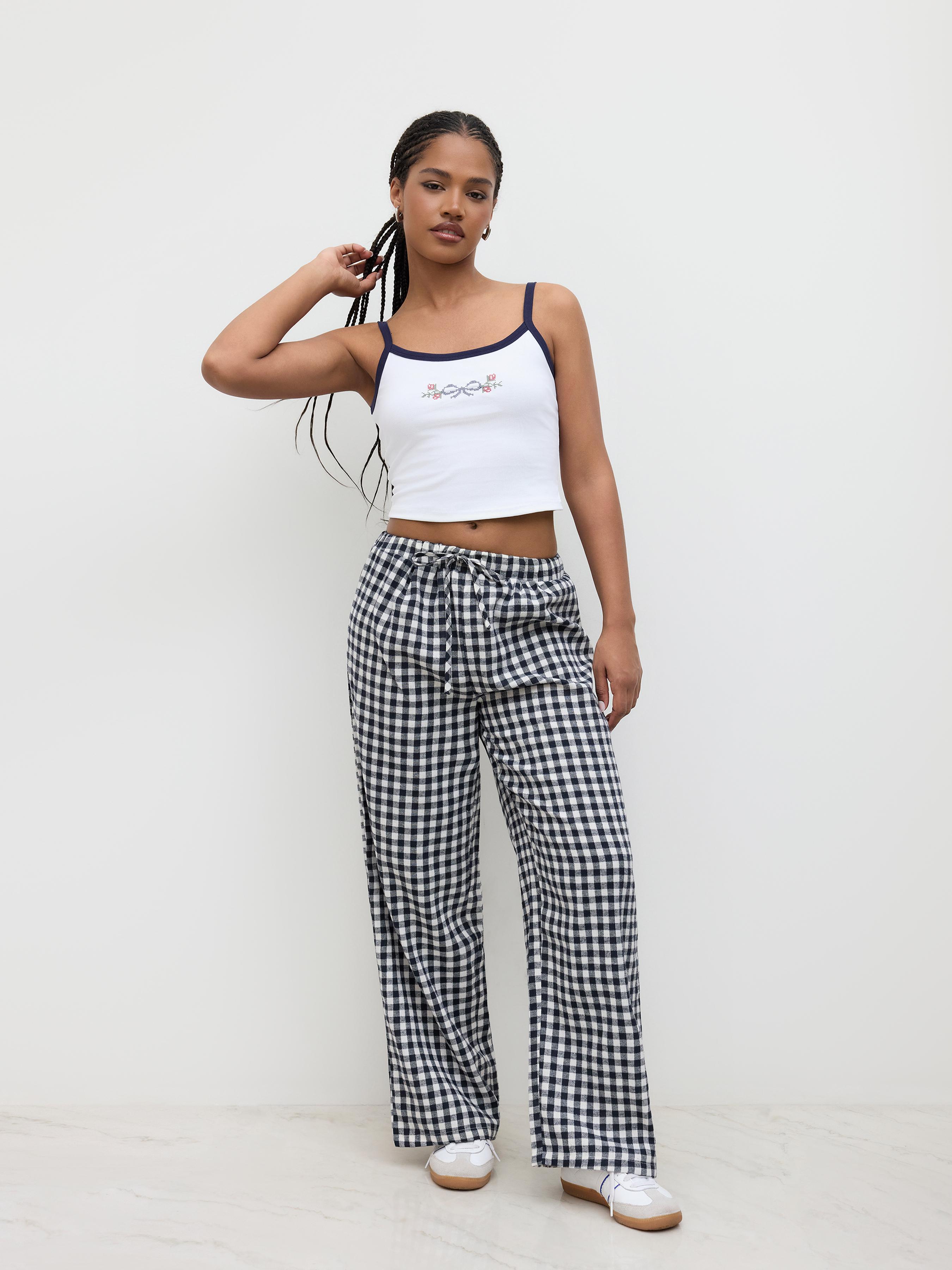 Cotton-blend U-neckline Bowknot Cami Top & High Rise Gingham Wide Leg Trousers Set by CIDER