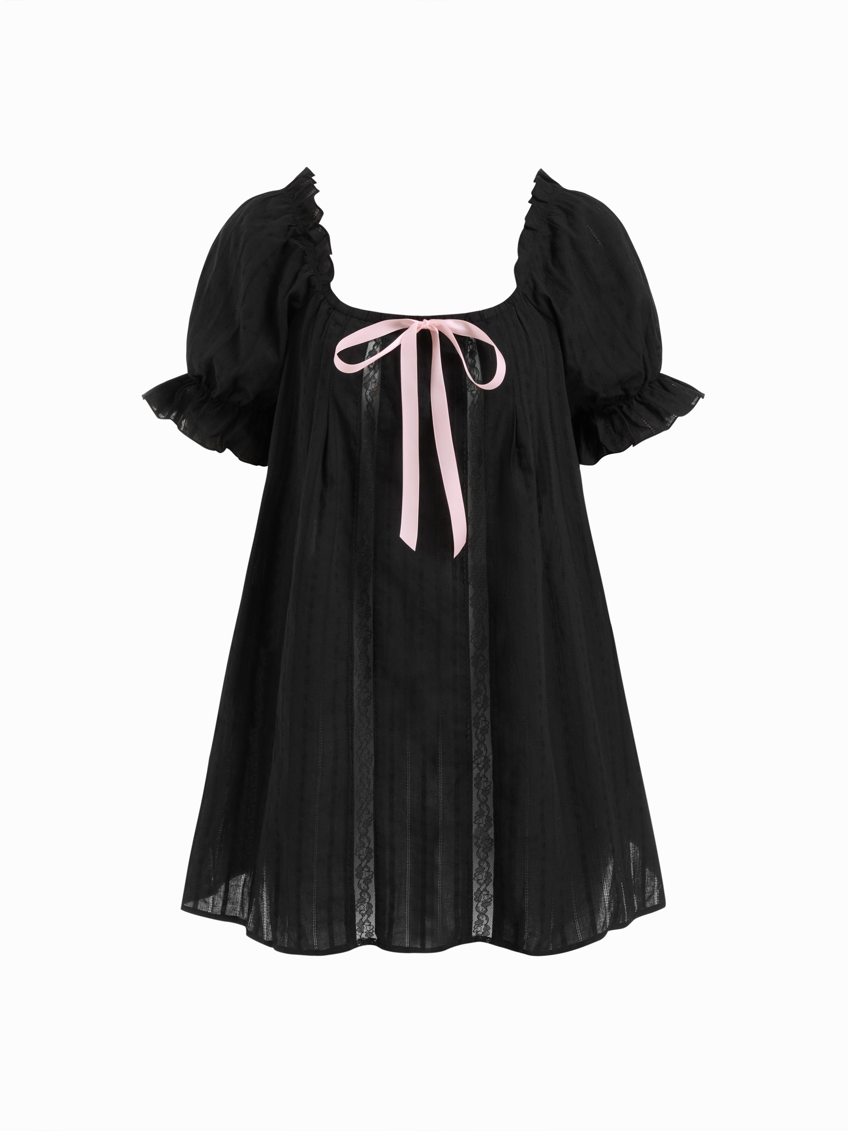 Cotton-blend U-neckline Bowknot Lettuce Trim Puff Sleeve Mini Nightdress by CIDER