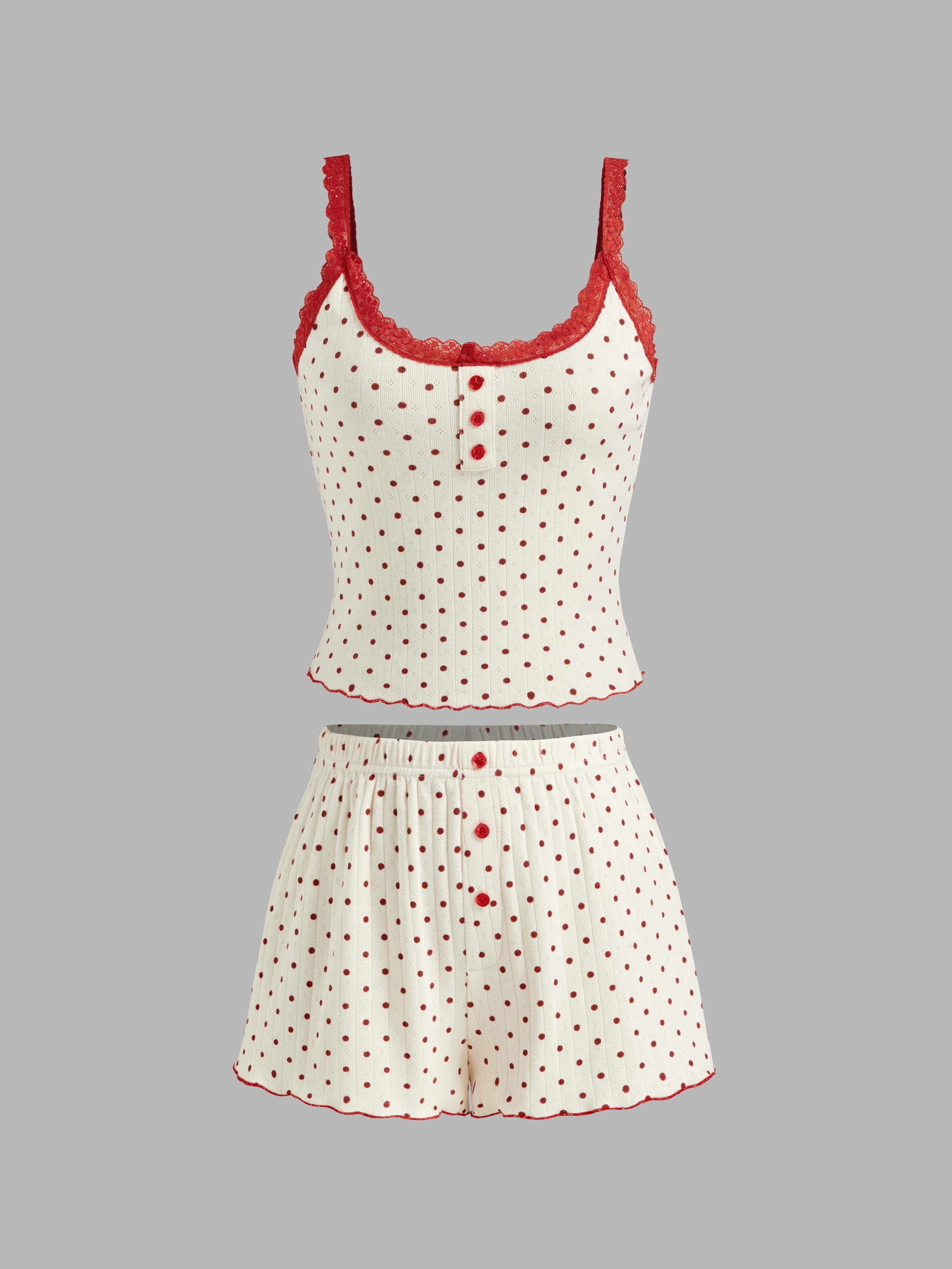Cotton-blend U-neckline Polka Dot Lace Trim Cami Top & Mid Rise Shorts Loungewear Set by CIDER