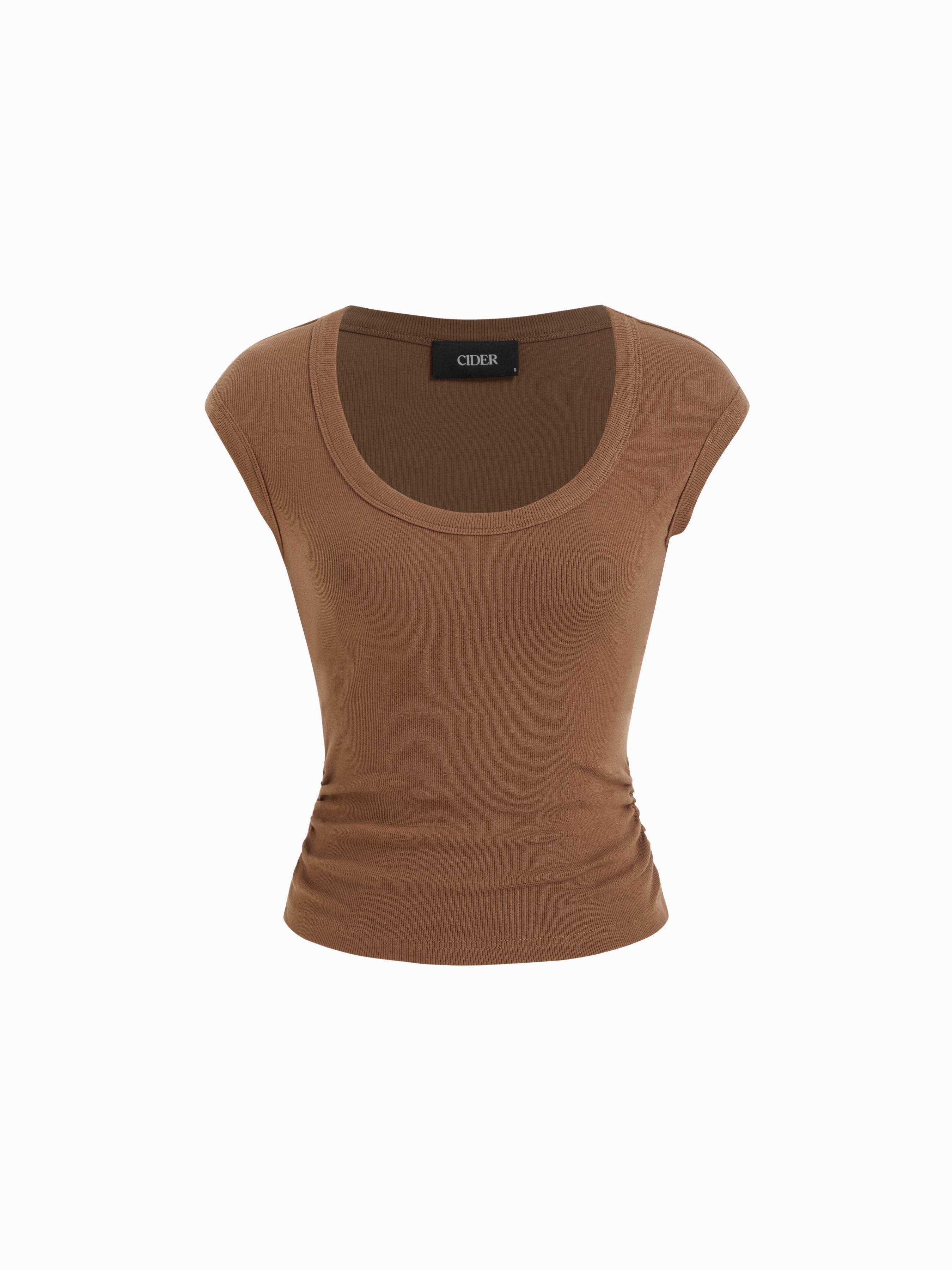 Cotton-blend U-neckline Ruched Tee by CIDER