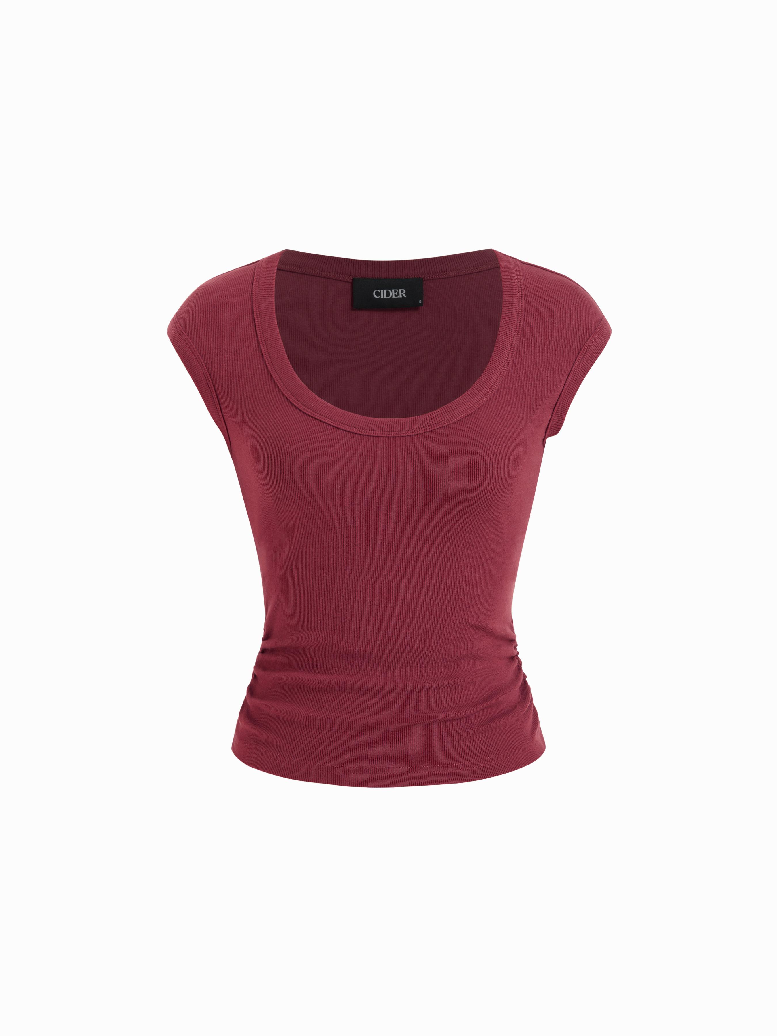 Cotton-blend U-neckline Ruched Tee by CIDER