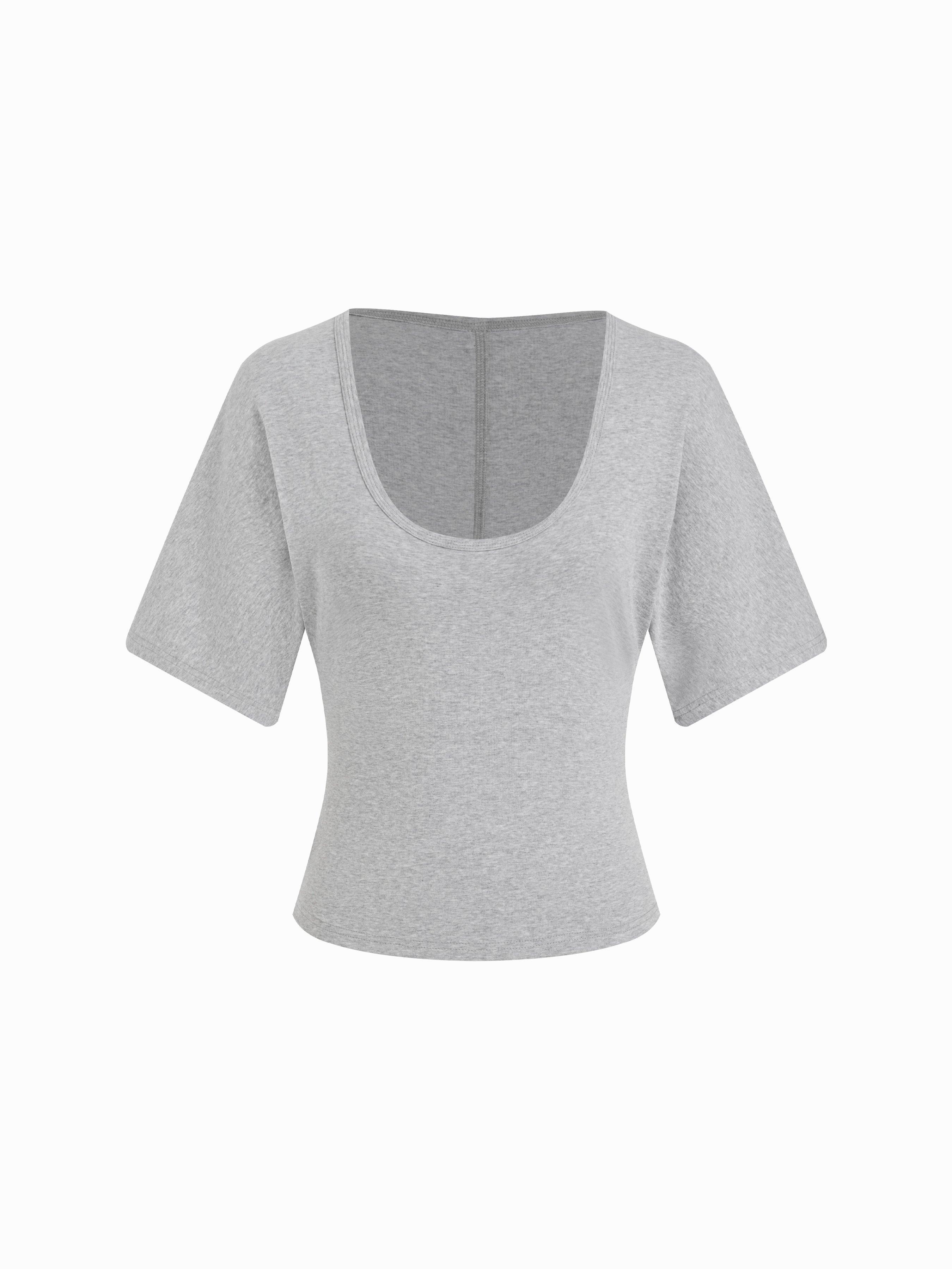 Cotton-blend U-neckline Short Bell Sleeve Tee by CIDER