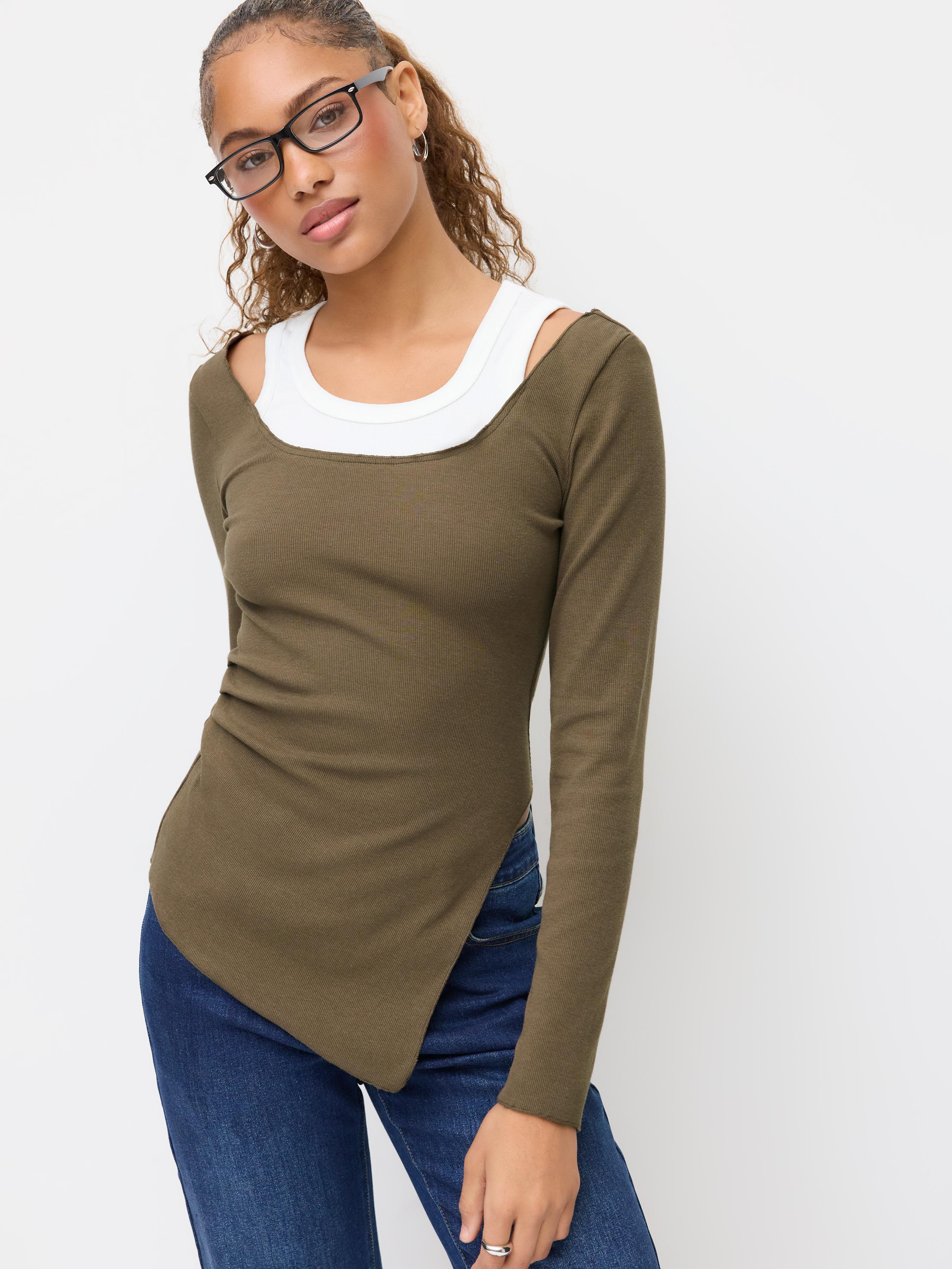 Cotton-blend U-neckline Split Ruched Two Tone Top by CIDER