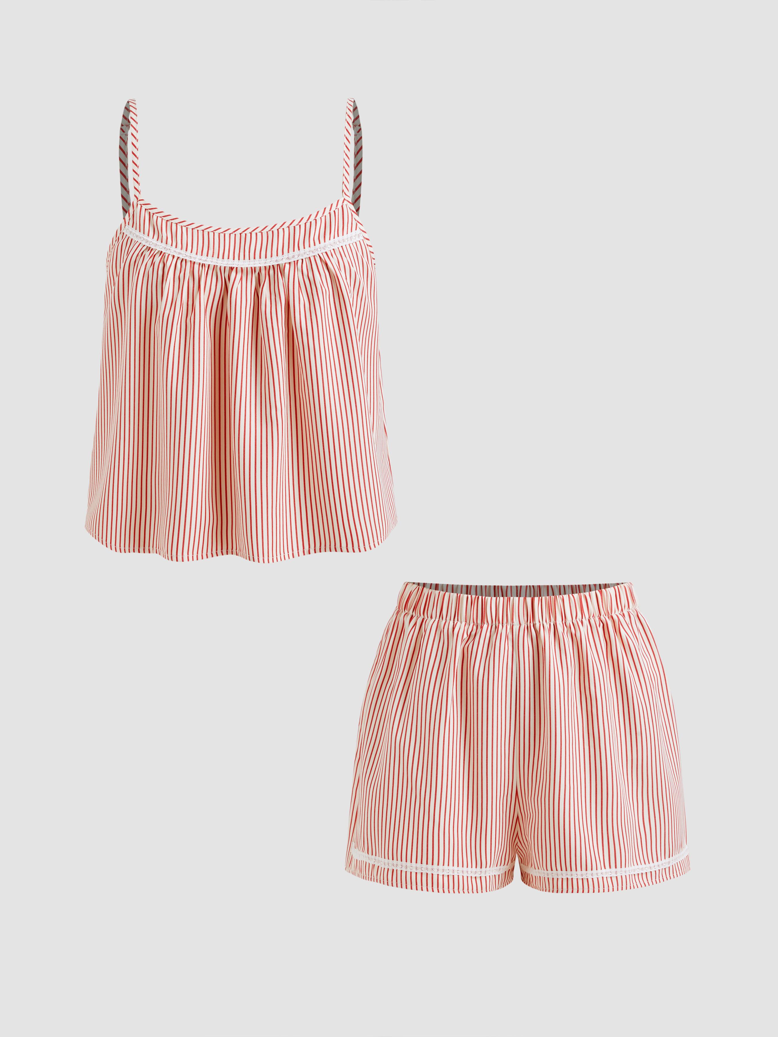 Cotton-blend U-neckline Stripe Lace Trim Cami Top & Mid Rise Elastic Waist Shorts Loungewear Set by CIDER