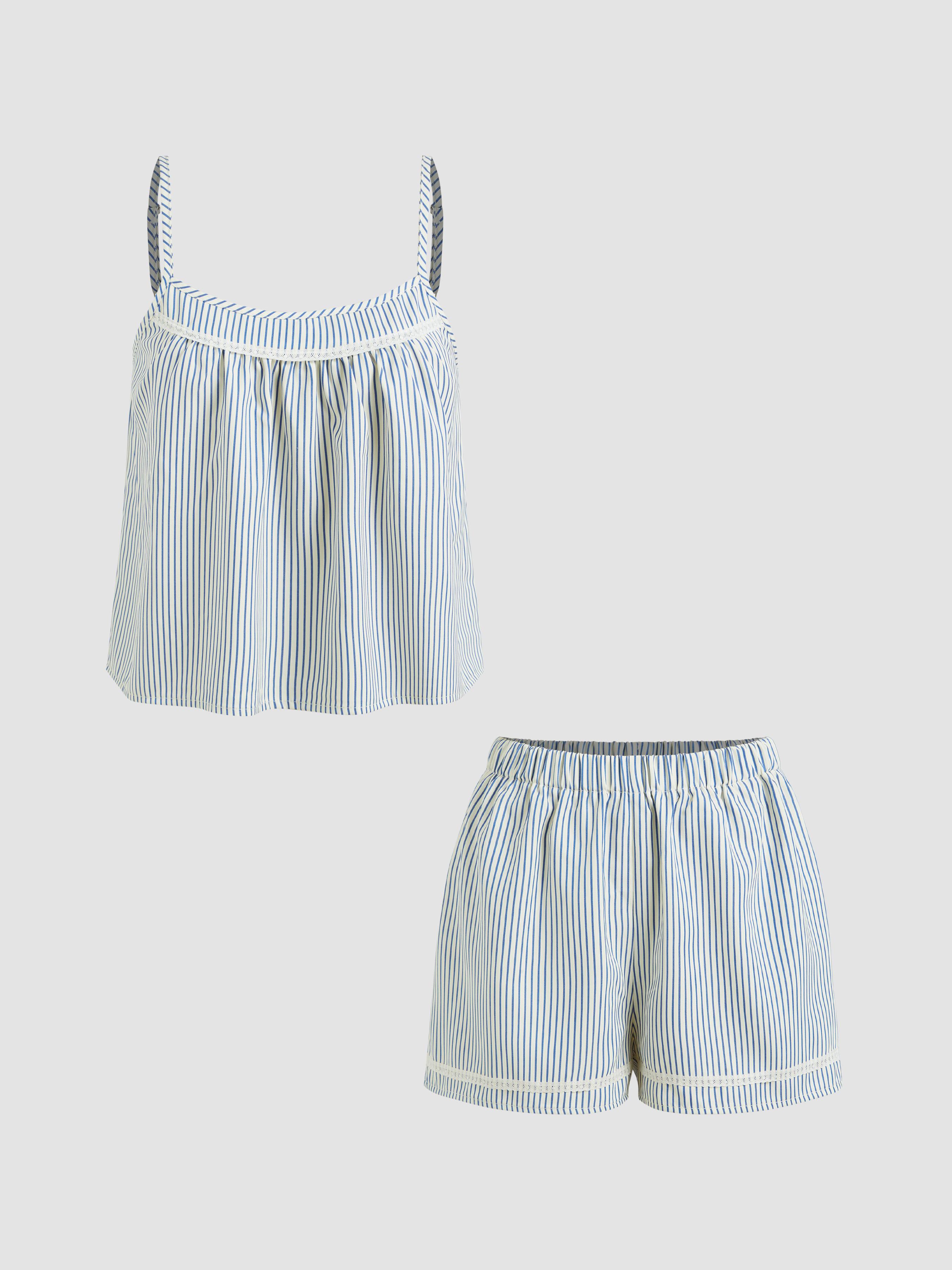 Cotton-blend U-neckline Stripe Lace Trim Cami Top & Mid Rise Elastic Waist Shorts Loungewear Set by CIDER Cotton-blend U-neckline Stripe Lace Trim Cami Top & Mid Rise Elastic Waist Shorts Loungewear Set by CIDER