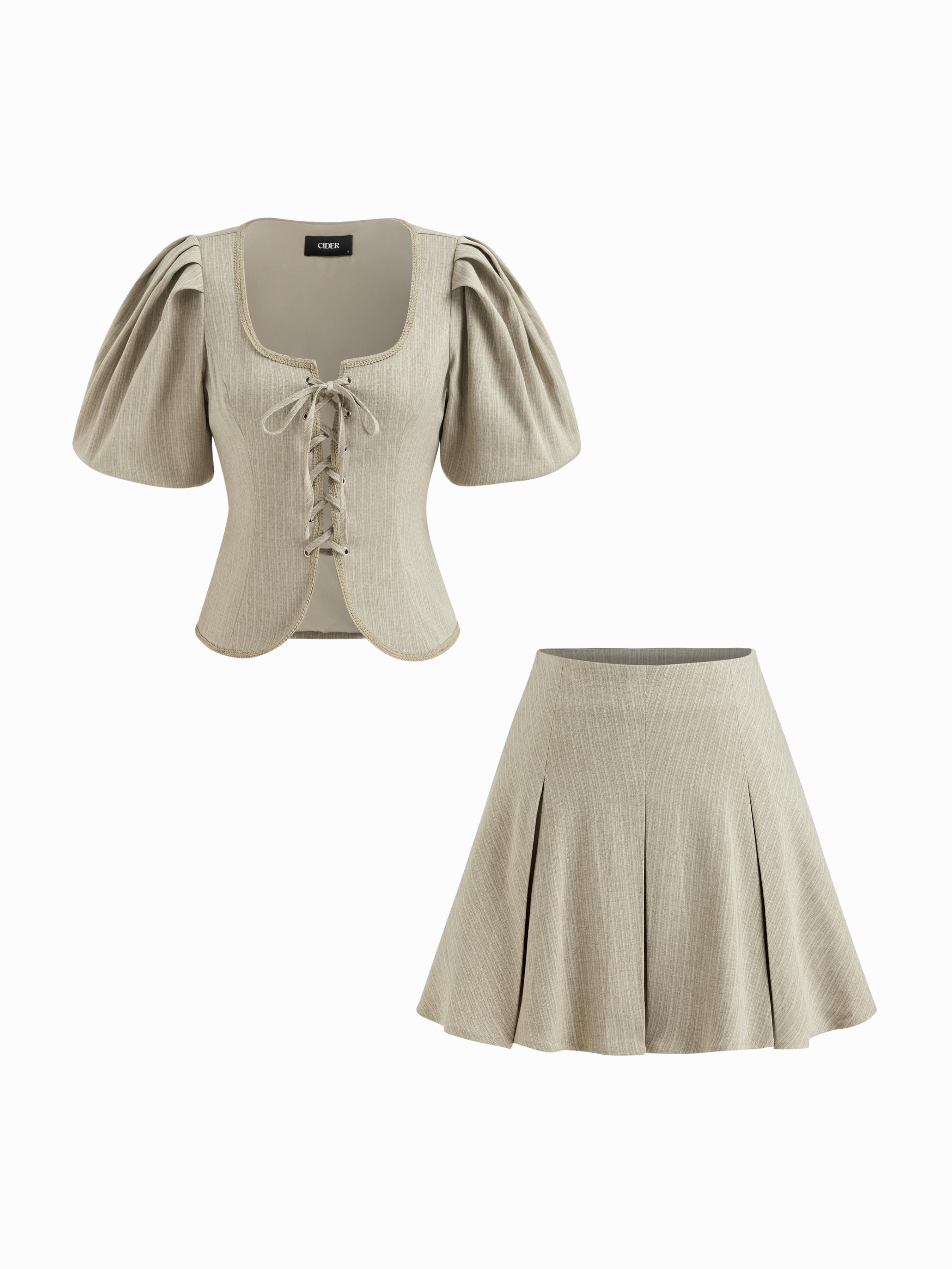 Cotton-blend U-neckline Stripe Tie Front Bow Lantern Sleeve Top & Mid Rise Pleated Mini Skirt Set by CIDER