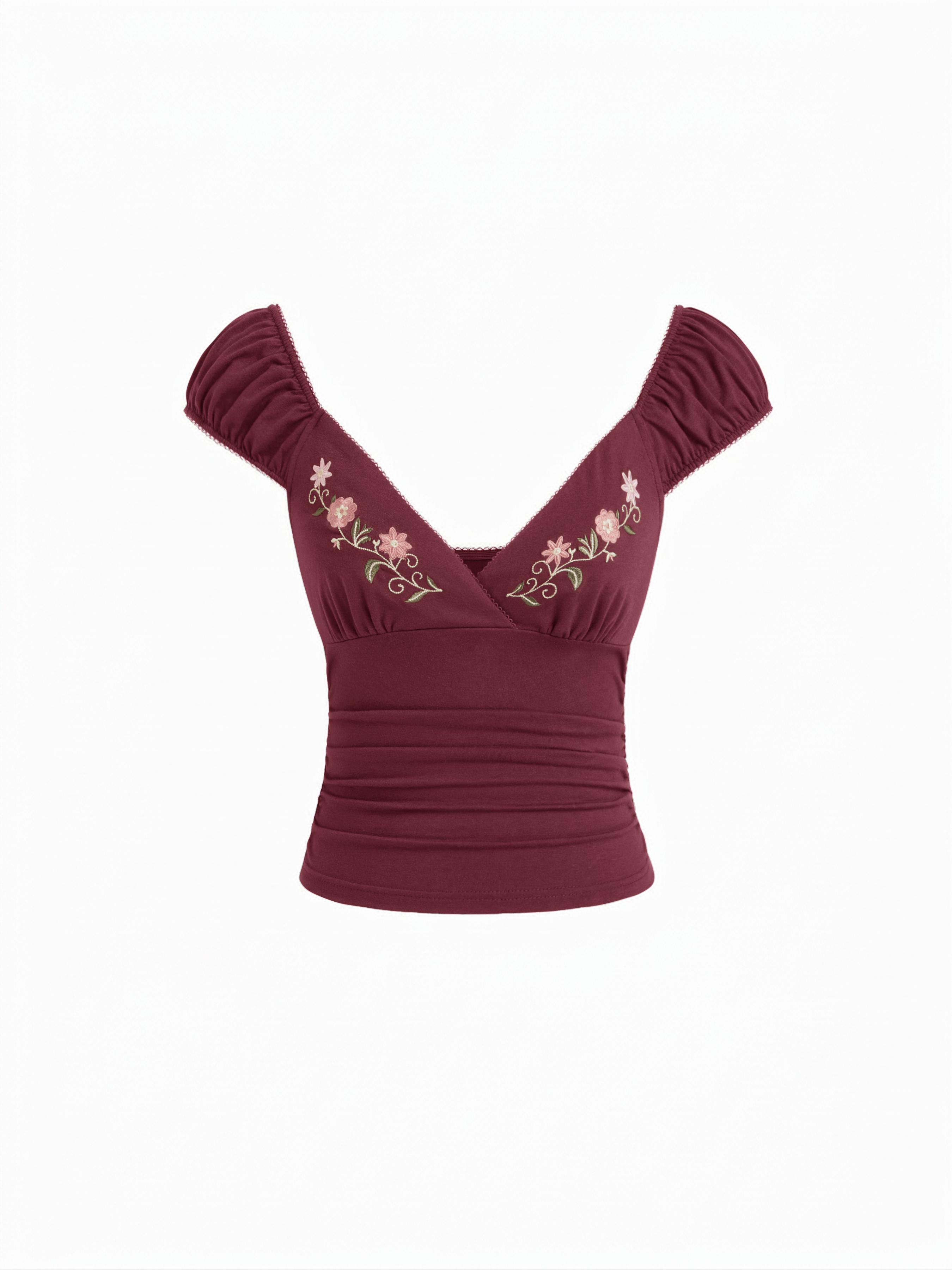 Cotton-blend V-Neck Floral Embroidery Ruched Puff Sleeve Top by CIDER
