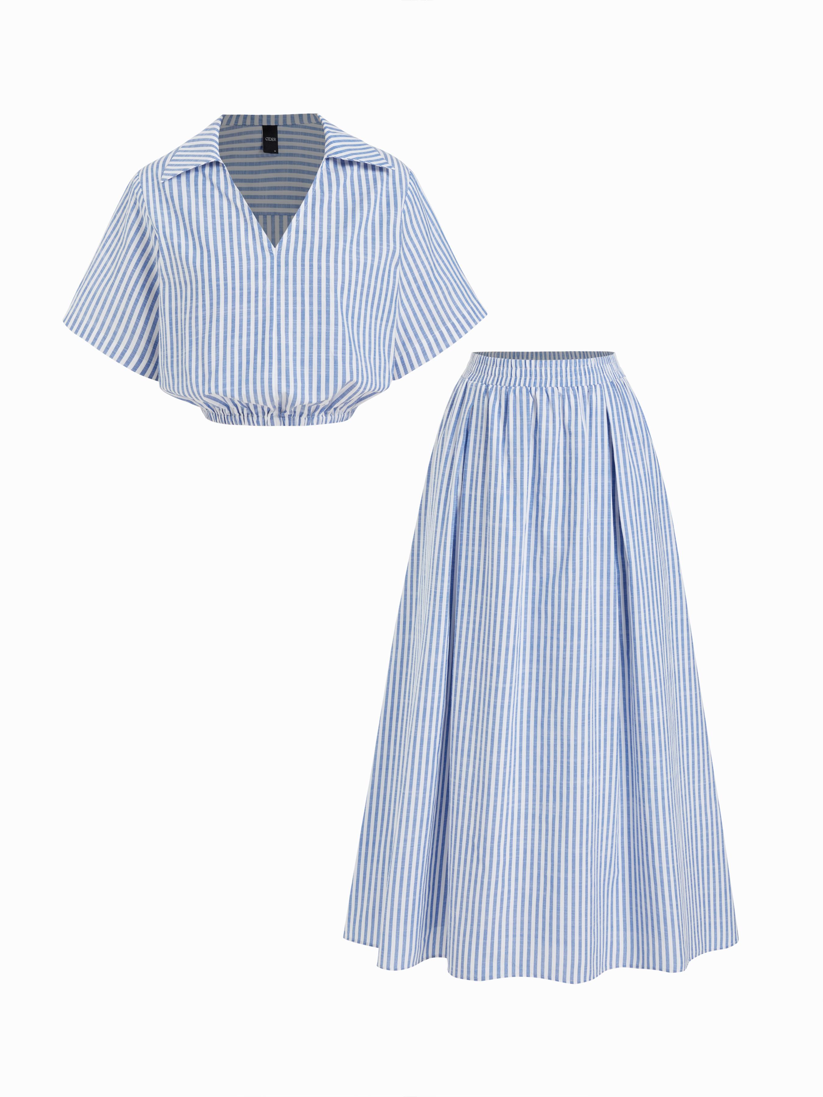 Cotton-blend V-Neck Short Sleeve Top & Mid Rise Flared Maxi Skirt Set by CIDER