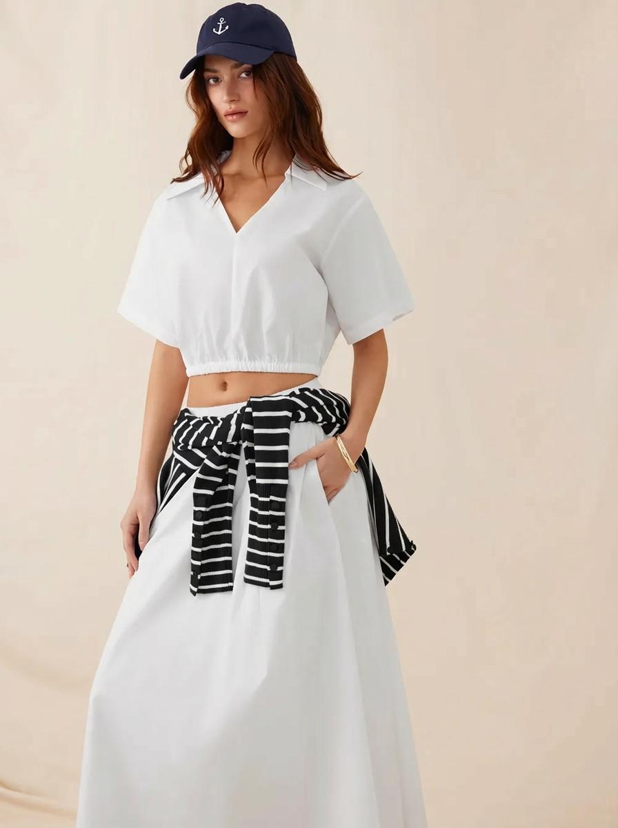 Cotton-blend V-Neck Short Sleeve Top & Mid Rise Flared Maxi Skirt Set by CIDER