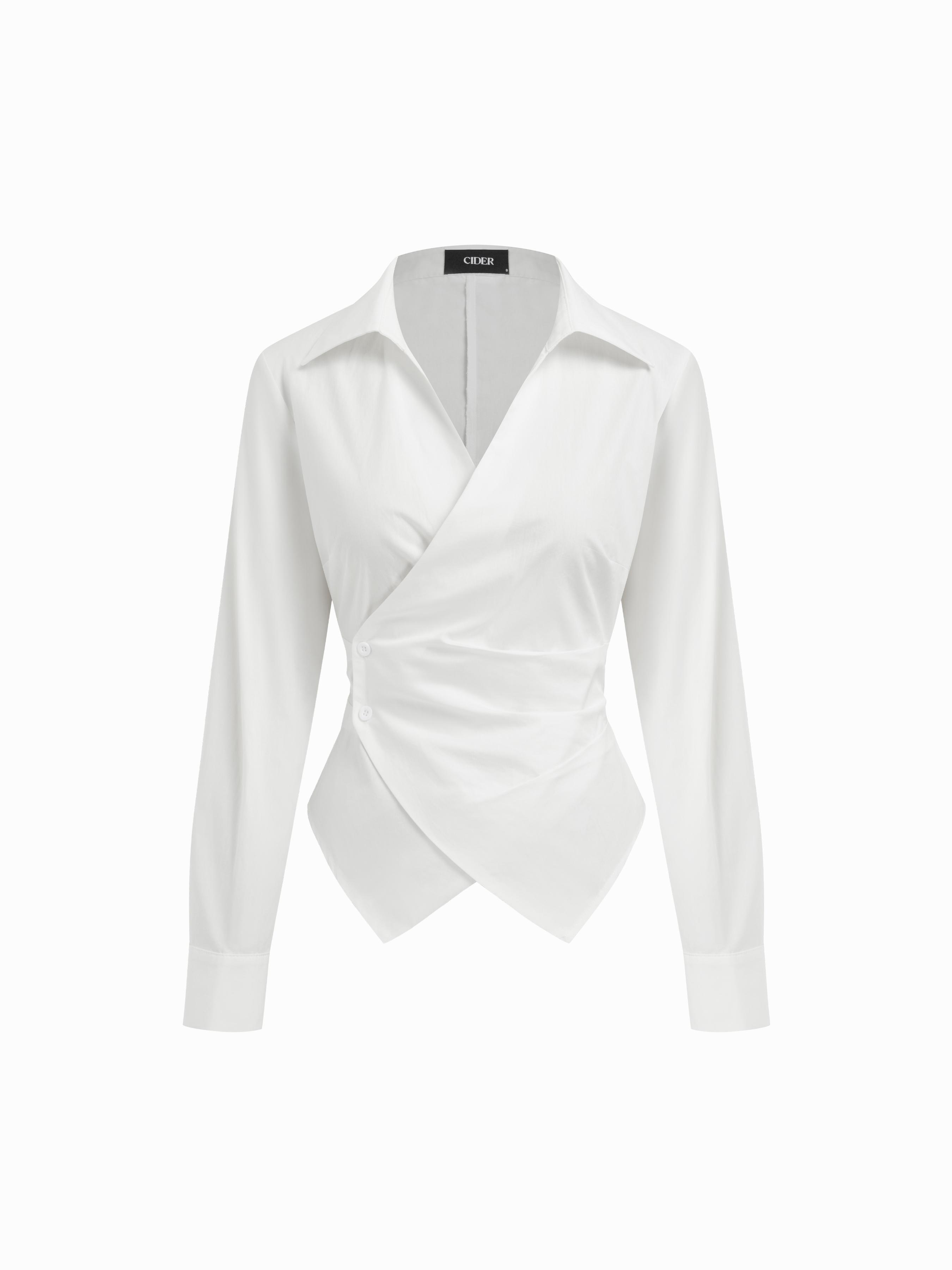 Cotton-blend V-Neck Wrap Long Sleeve Blouse by CIDER
