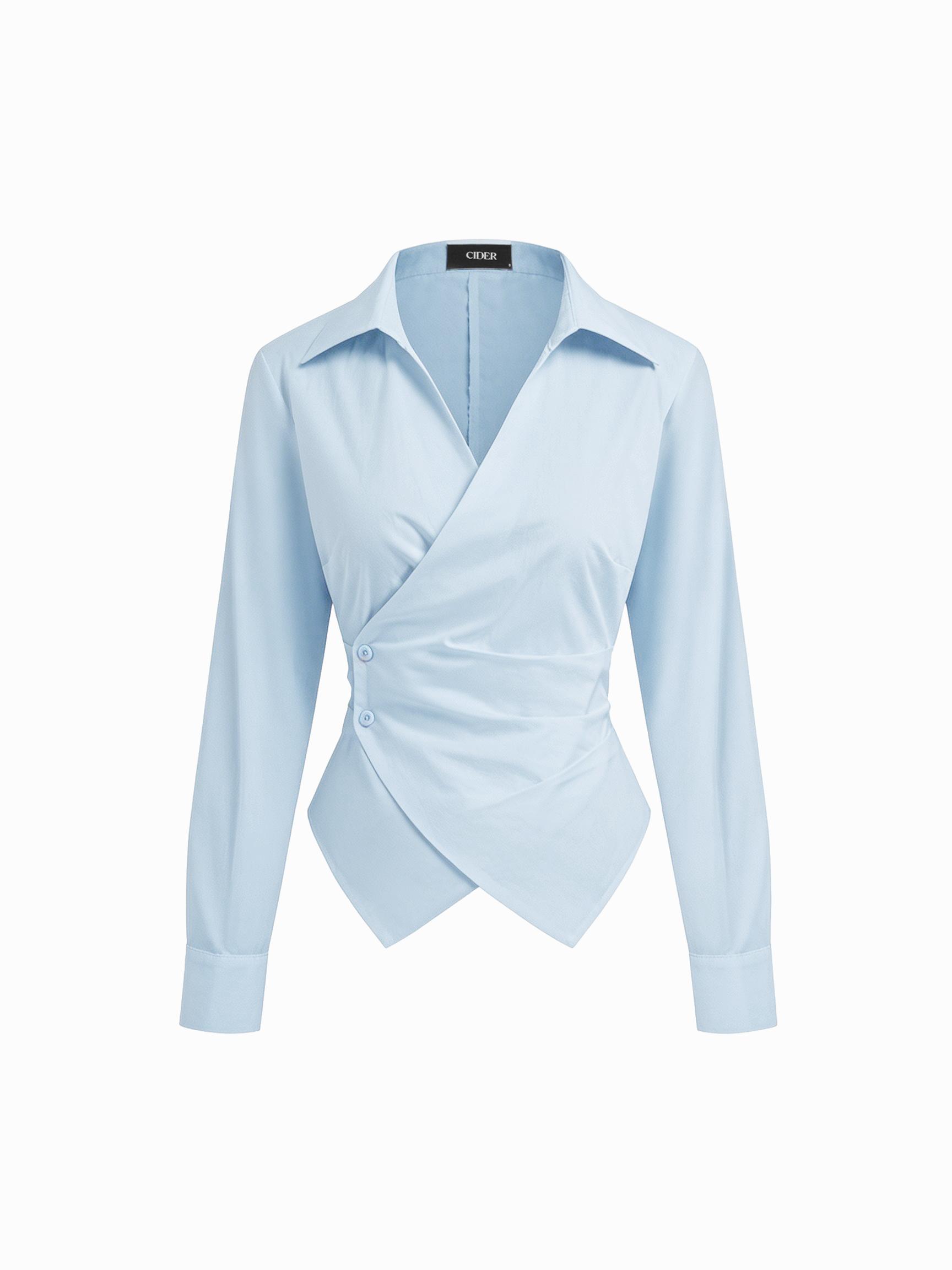 Cotton-blend V-Neck Wrap Long Sleeve Blouse by CIDER