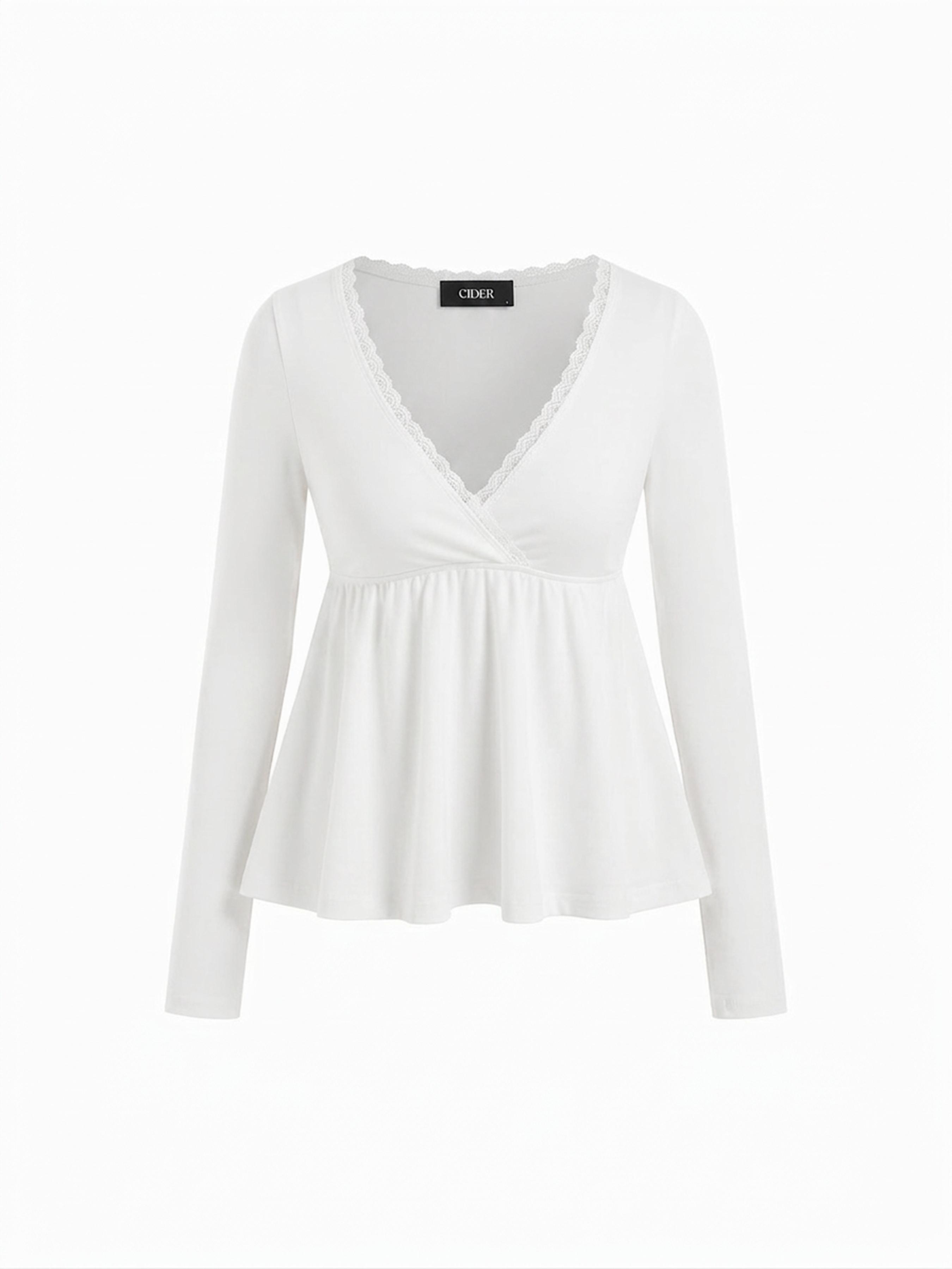 Cotton-blend V-neck Babydoll Lace Trim Peplum Long Sleeve Top by CIDER
