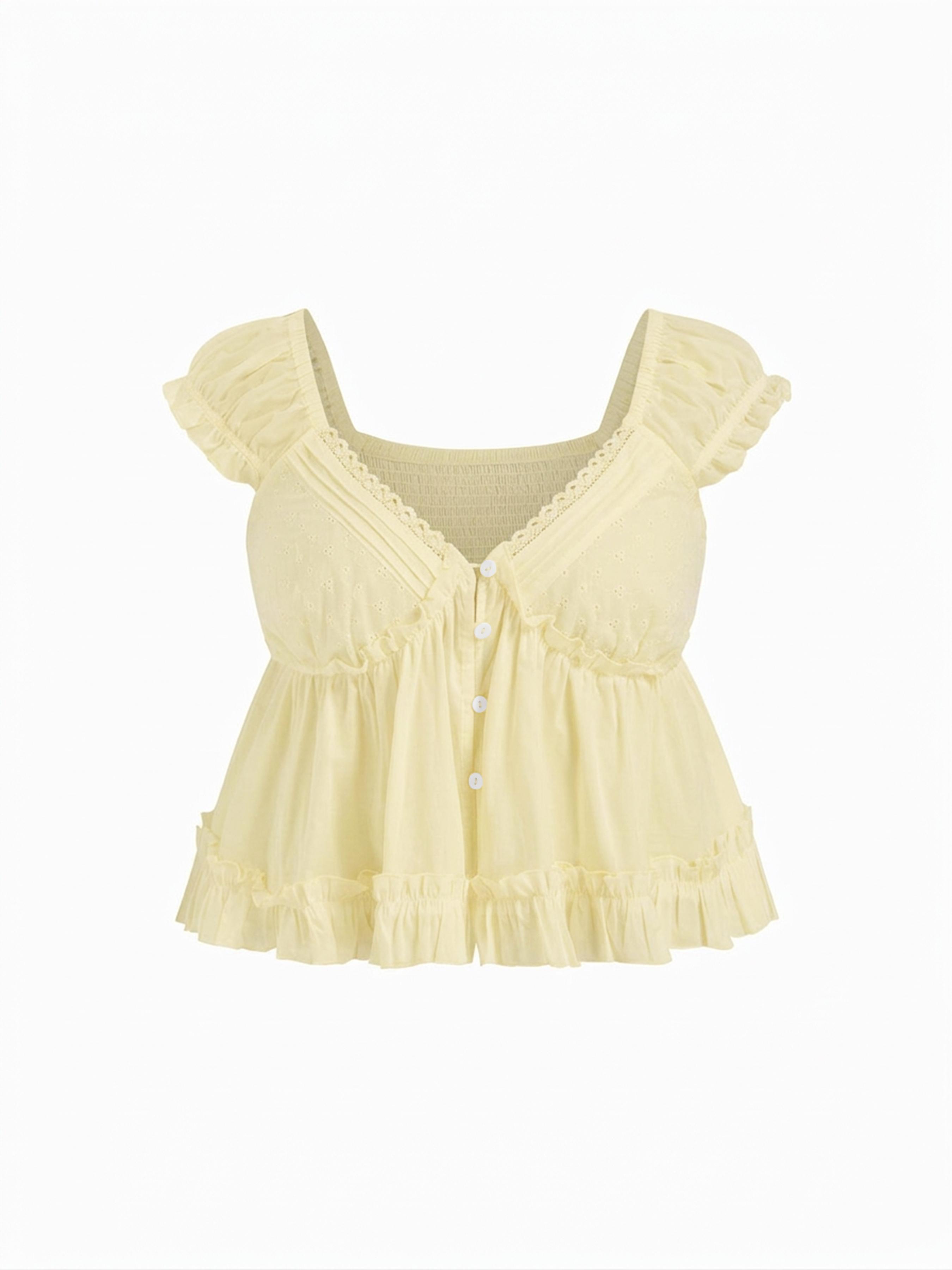 Cotton-blend V-neck Broderie Anglaise Ruffle Hem Blouse by CIDER