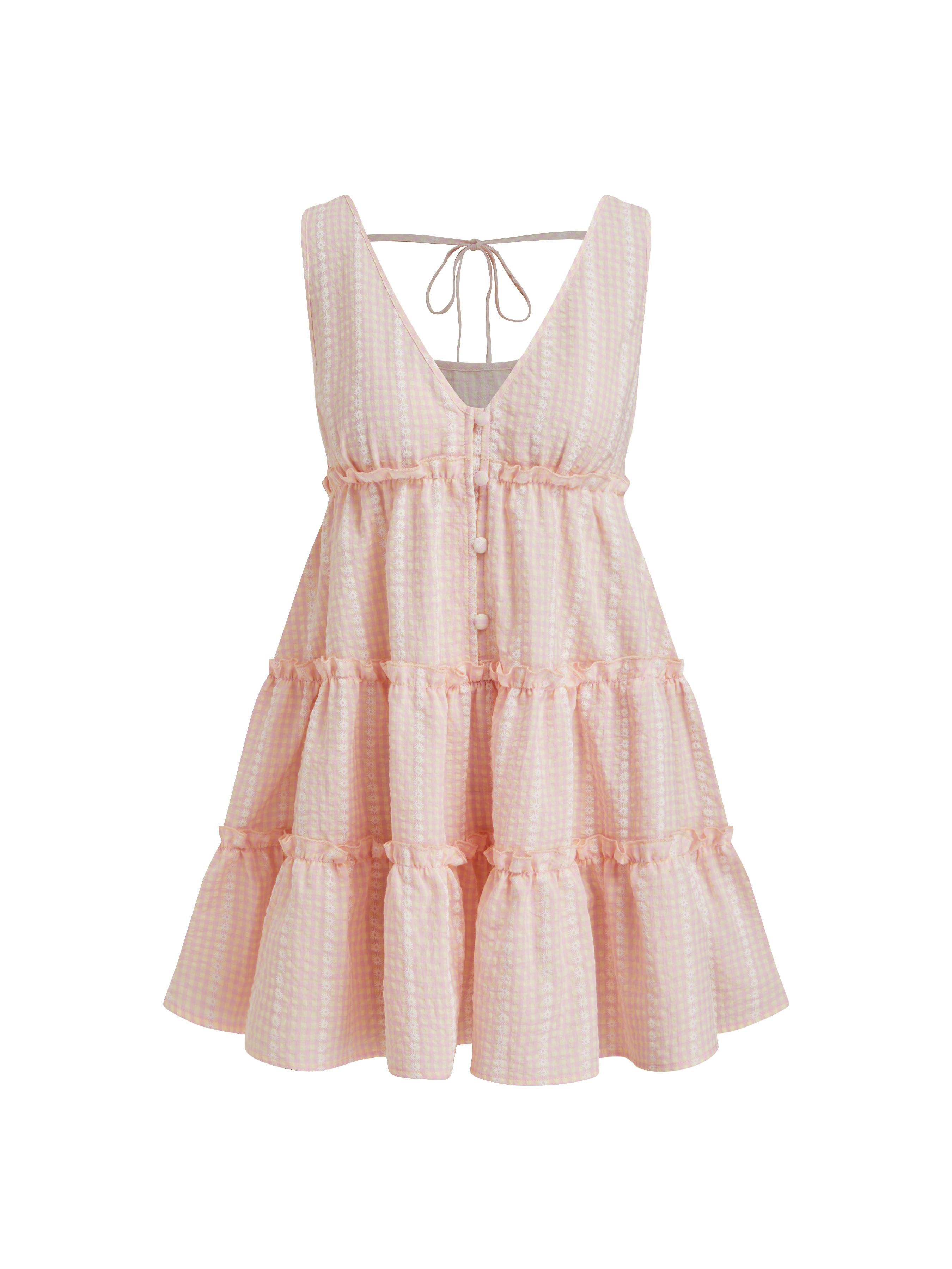 Cotton-blend V-neck Check Knotted Lettuce Trim Somck Mini Dress by CIDER