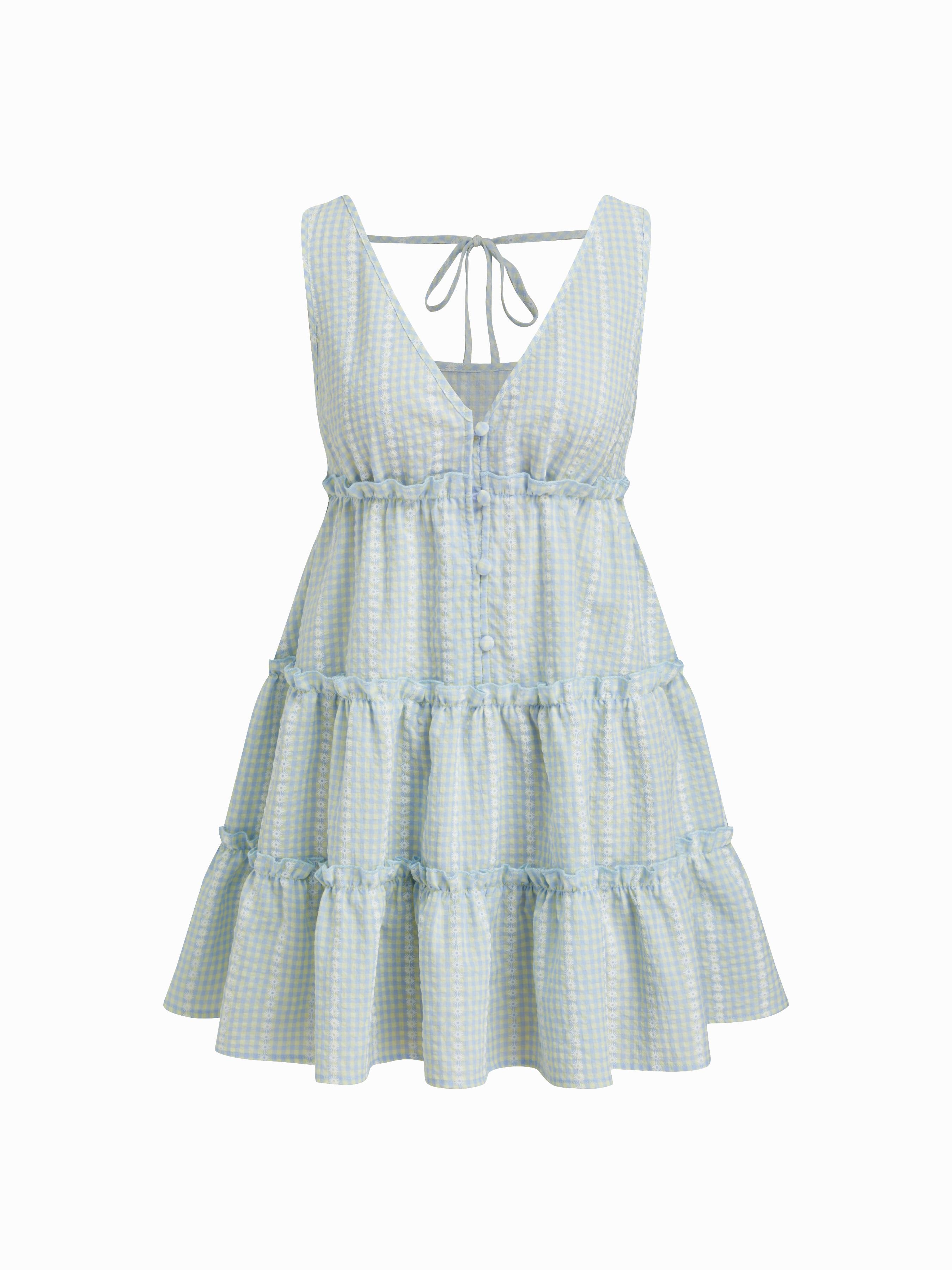 Cotton-blend V-neck Check Knotted Lettuce Trim Somck Mini Dress by CIDER