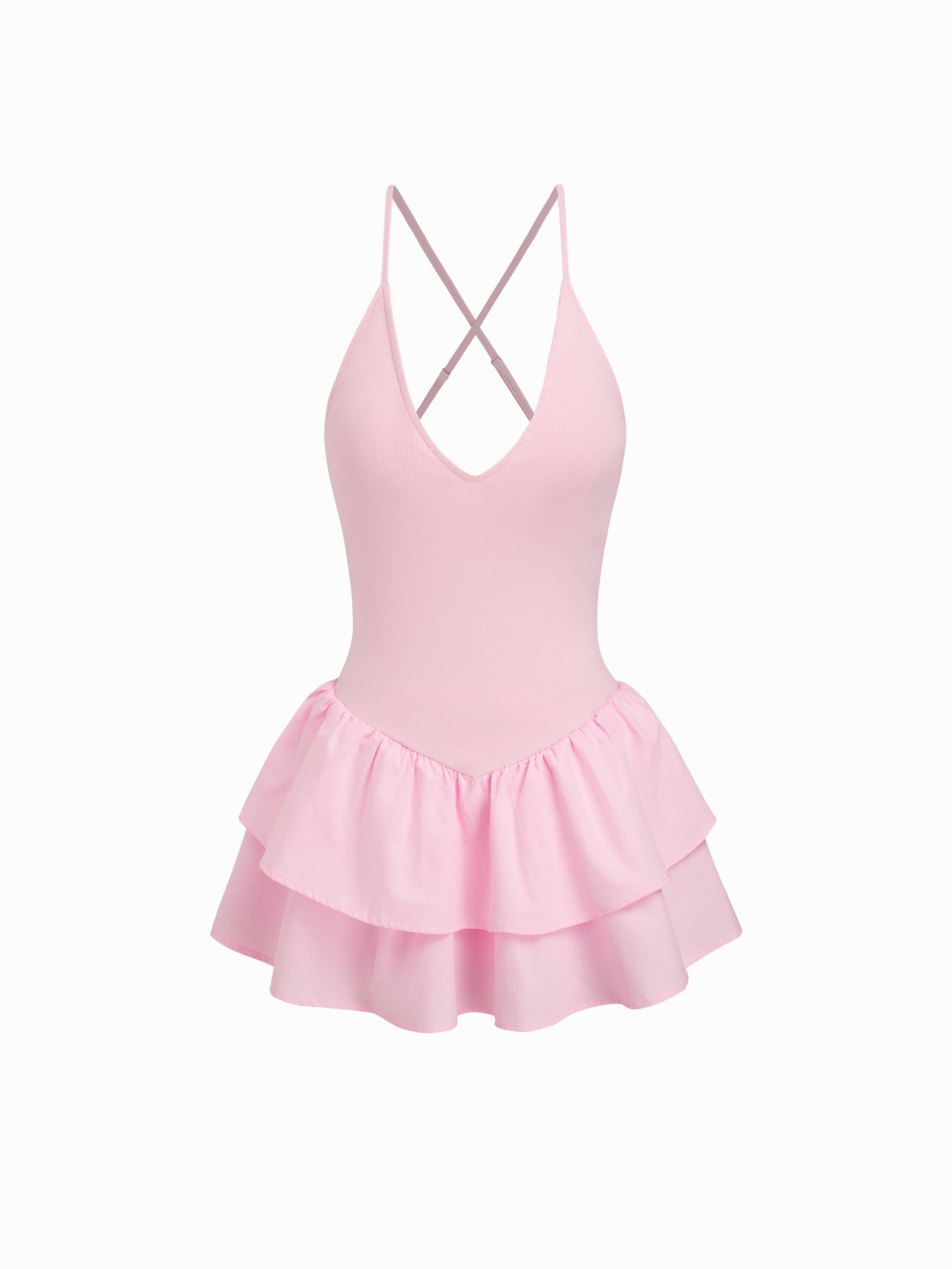 Cotton-blend V-neck Criss Cross Backless Ruffle Layered Cami Mini Dress by CIDER