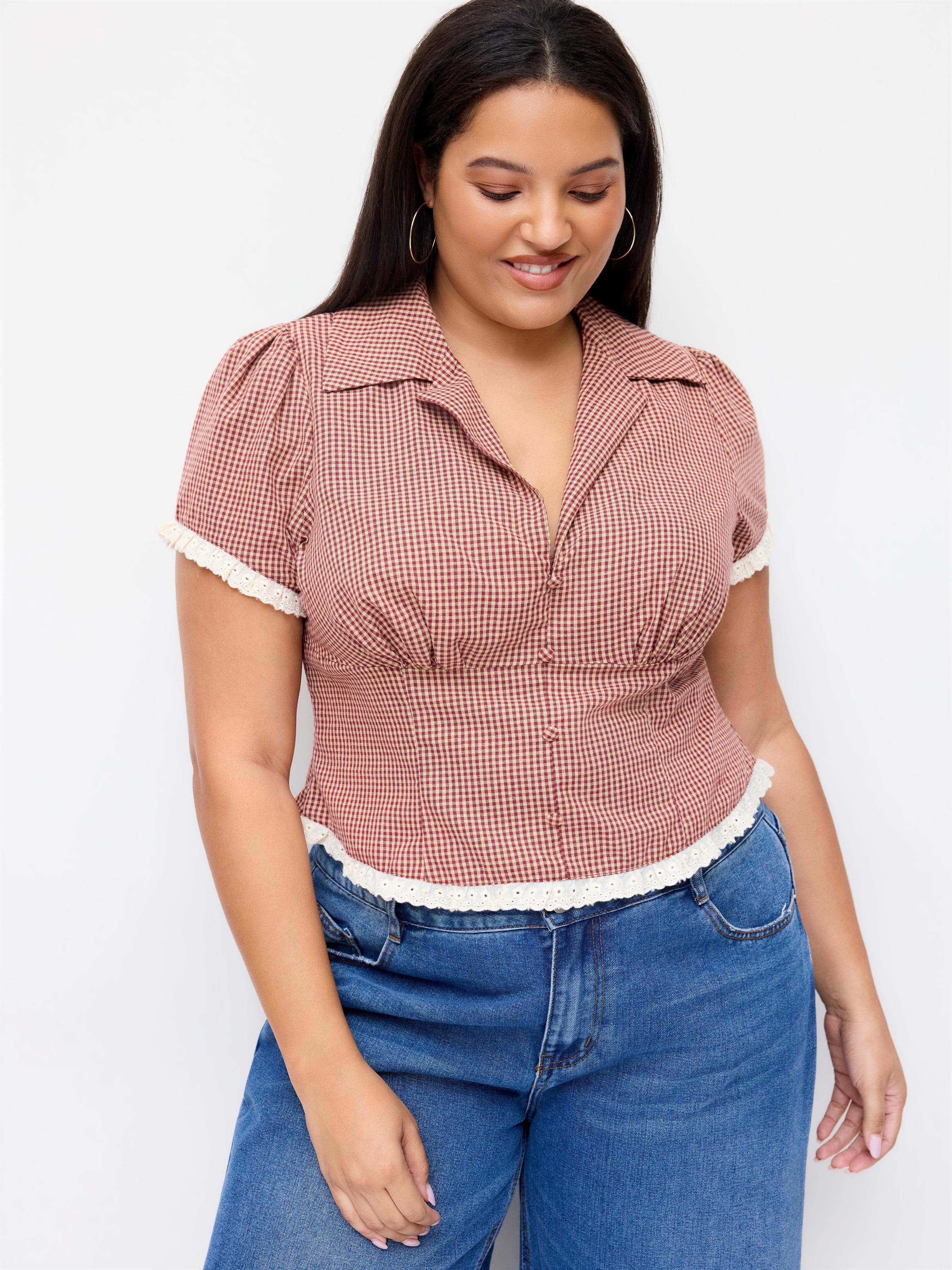 Cotton-blend V-neck Gingham Lettuce Trim Broderie Anglaise Blouse Curve & Plus by CIDER
