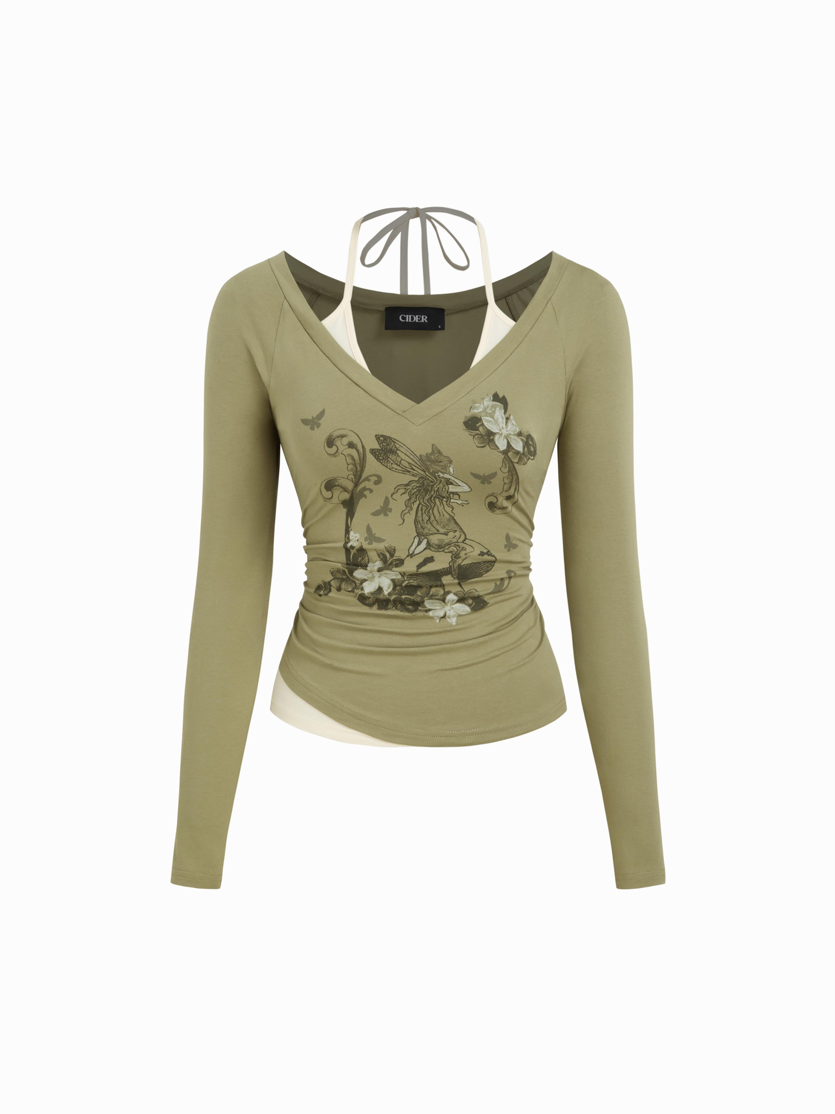 Cotton-blend V-neck Graphic Ruched Long Sleeve Tee by CIDER