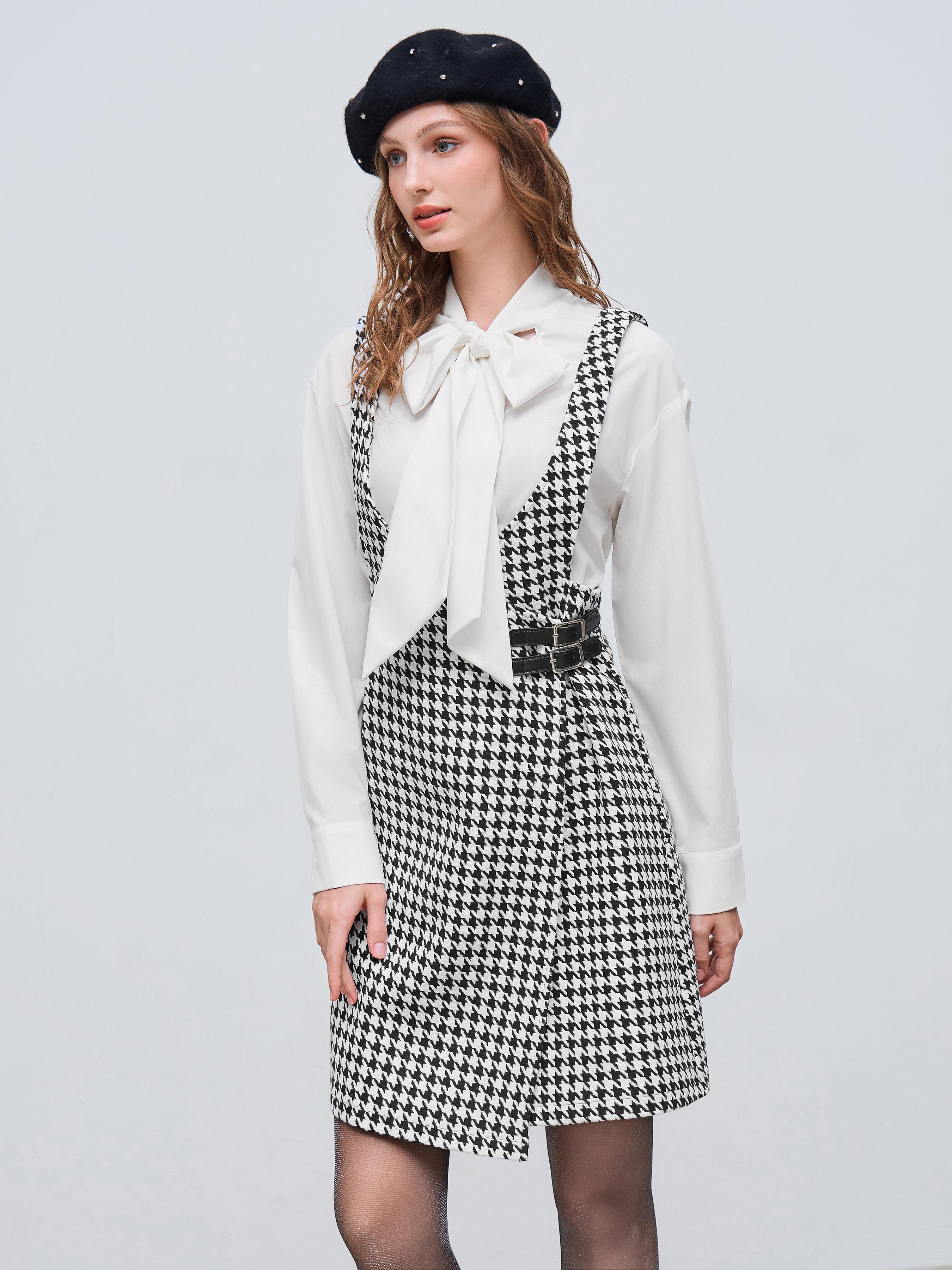 Cotton-blend V-neck Houndstooth Belted Midi Dress by CIDER Cotton-blend V-neck Houndstooth Belted Midi Dress by CIDER