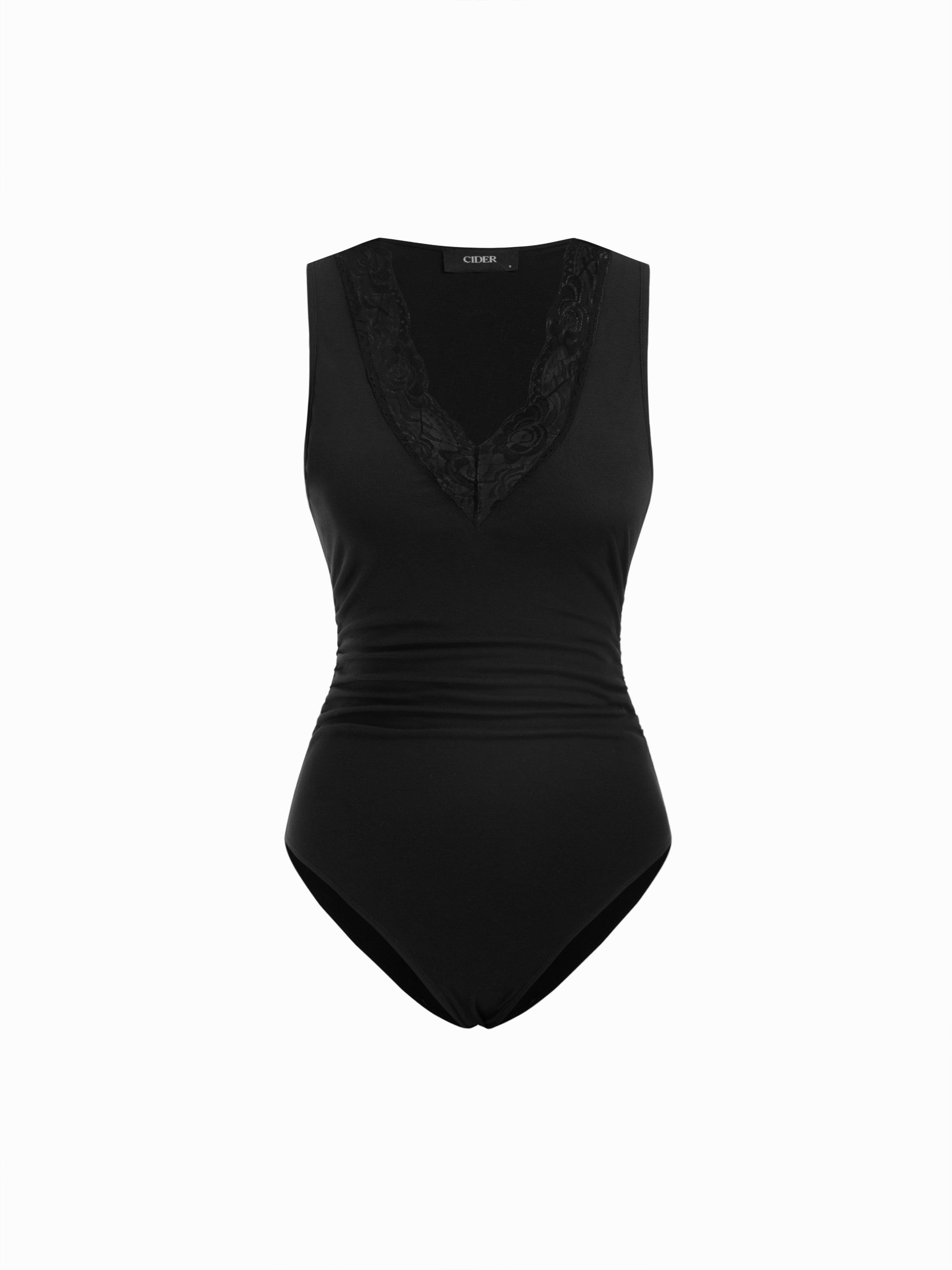 Cotton-blend V-neck Lace Trim Ruched Bodysuit by CIDER