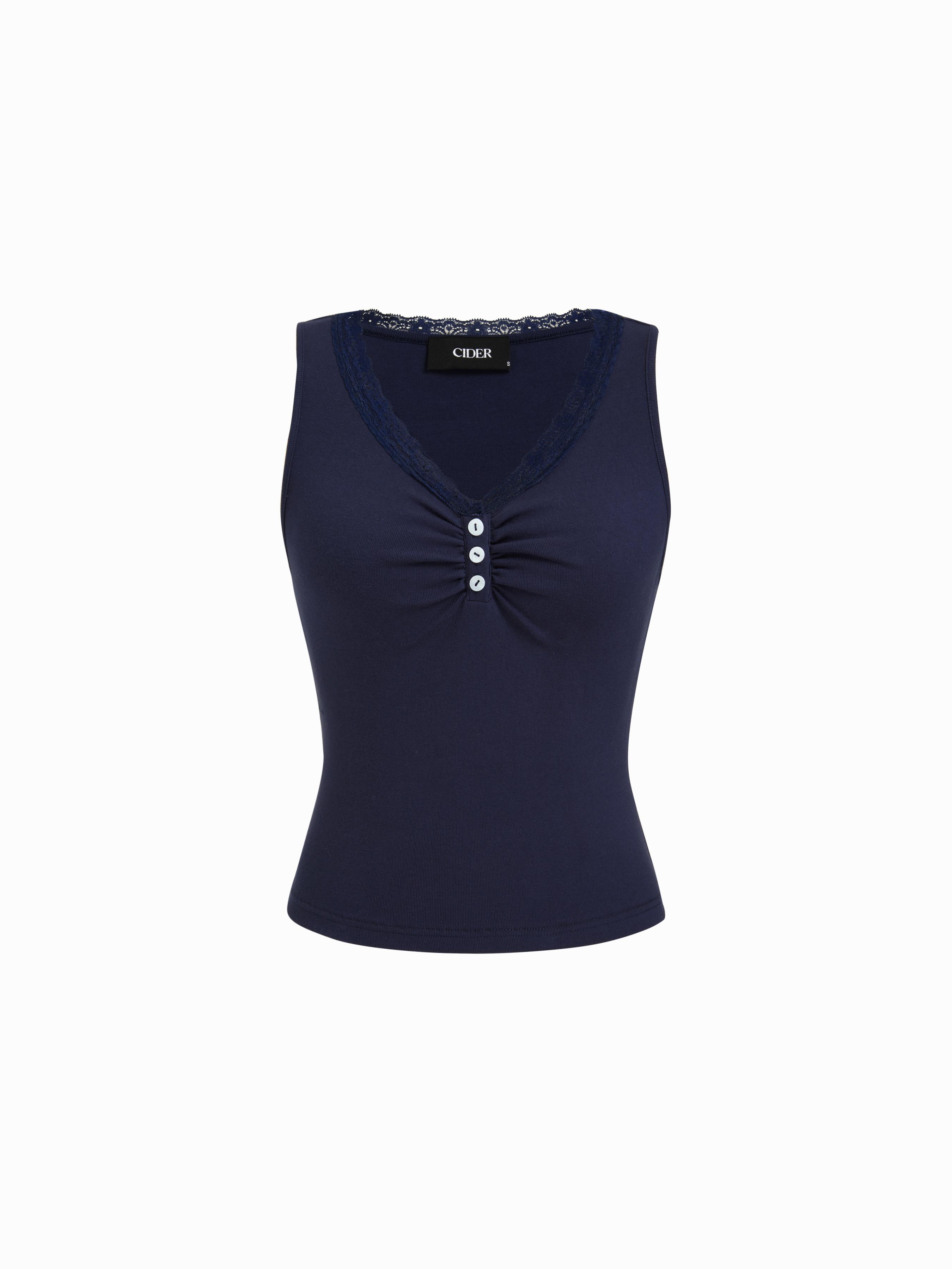 Cotton-blend V-neck Lace Trim Ruched Tank Top by CIDER