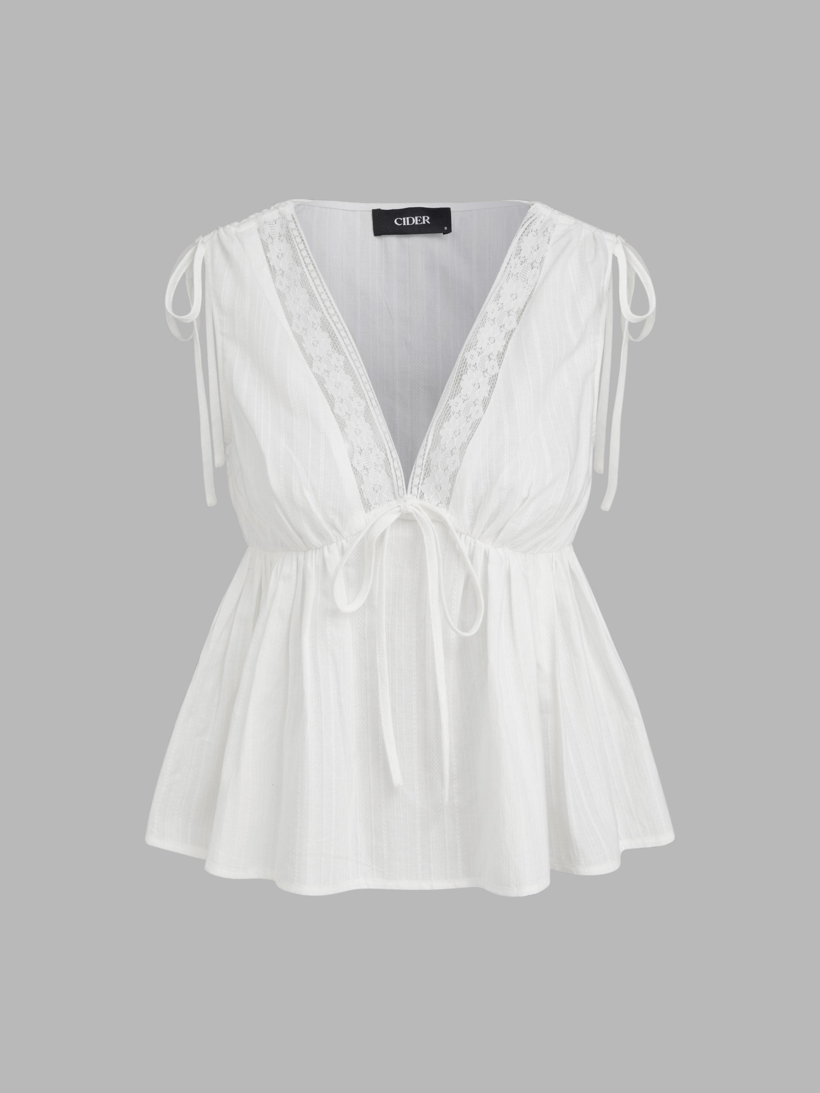 Cotton-blend V-neck Lace Trim Ruffle Hem Knotted Tank Top by CIDER