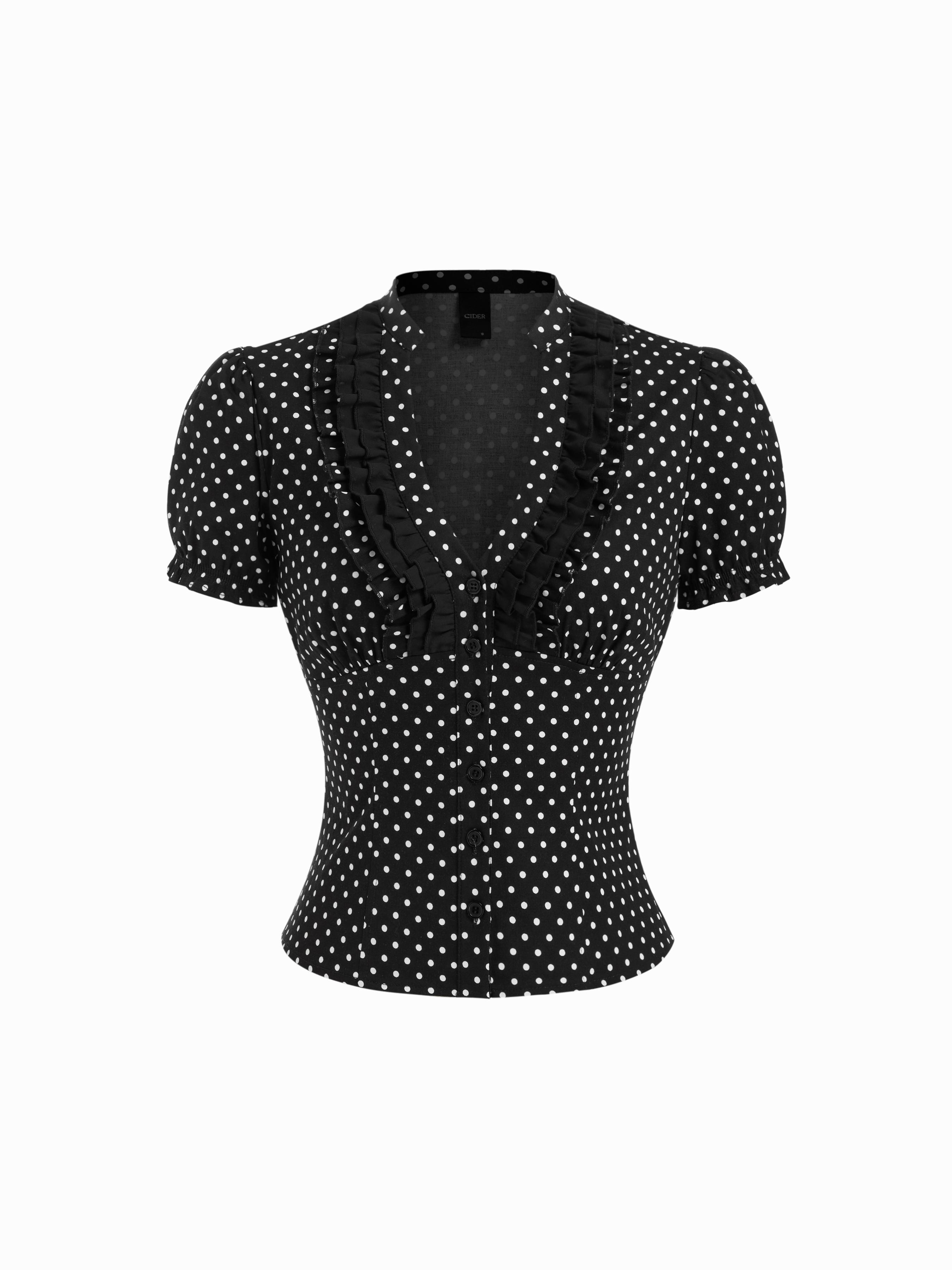 Cotton-blend V-neck Lettuce Trim Short Sleeve Blouse by CIDER