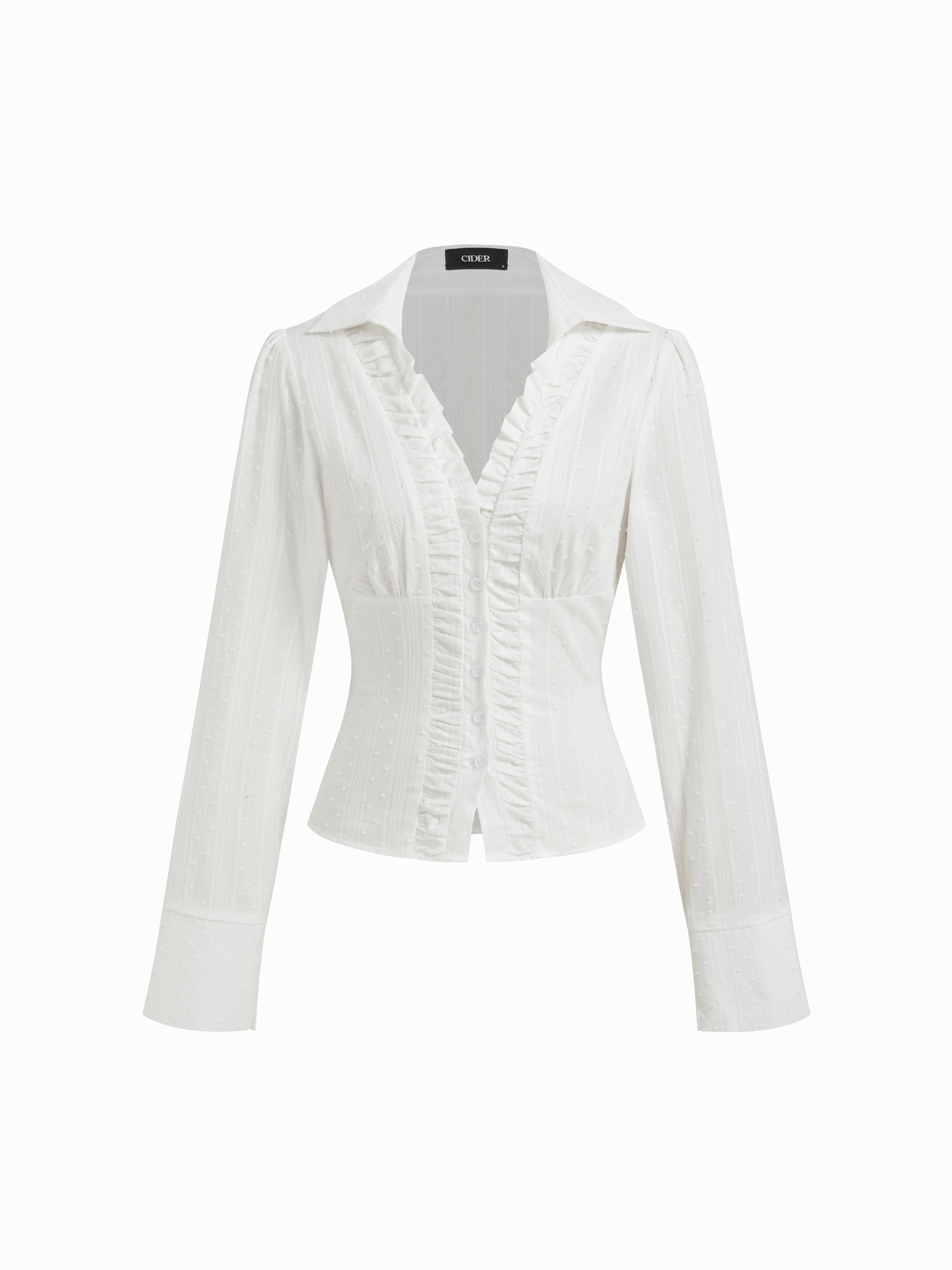 Cotton-blend V-neck Long Sleeve Lettuce Trim Bowknot Blouse by CIDER
