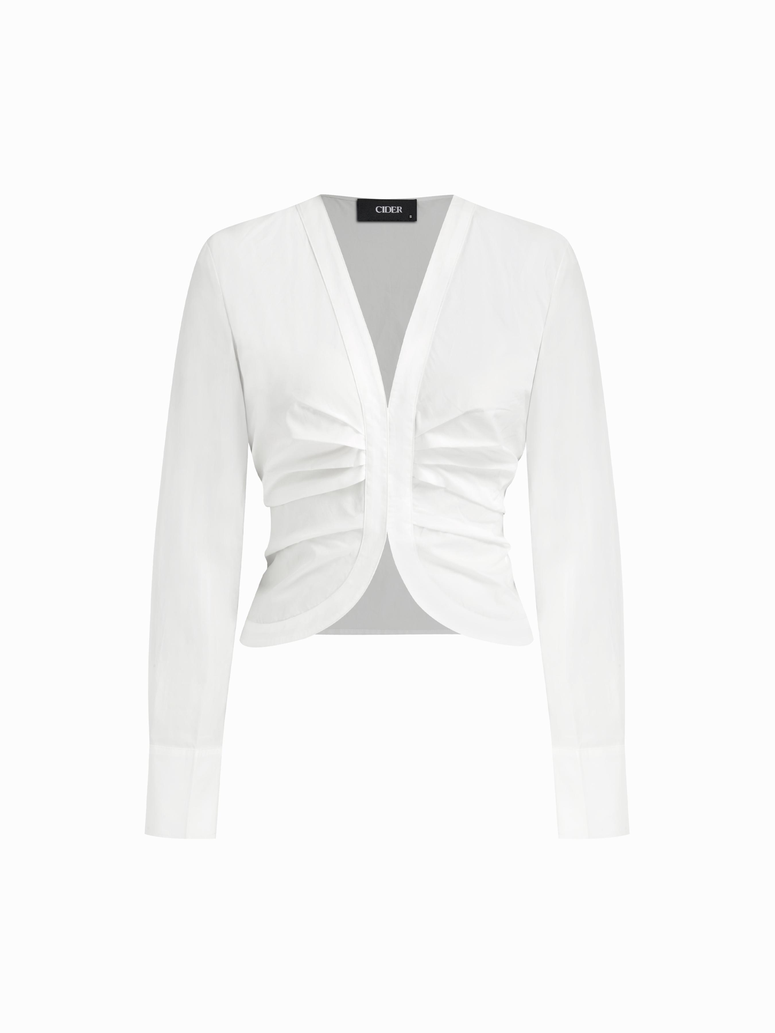 Cotton-blend V-neck Long Sleeve Ruched Blouse by CIDER