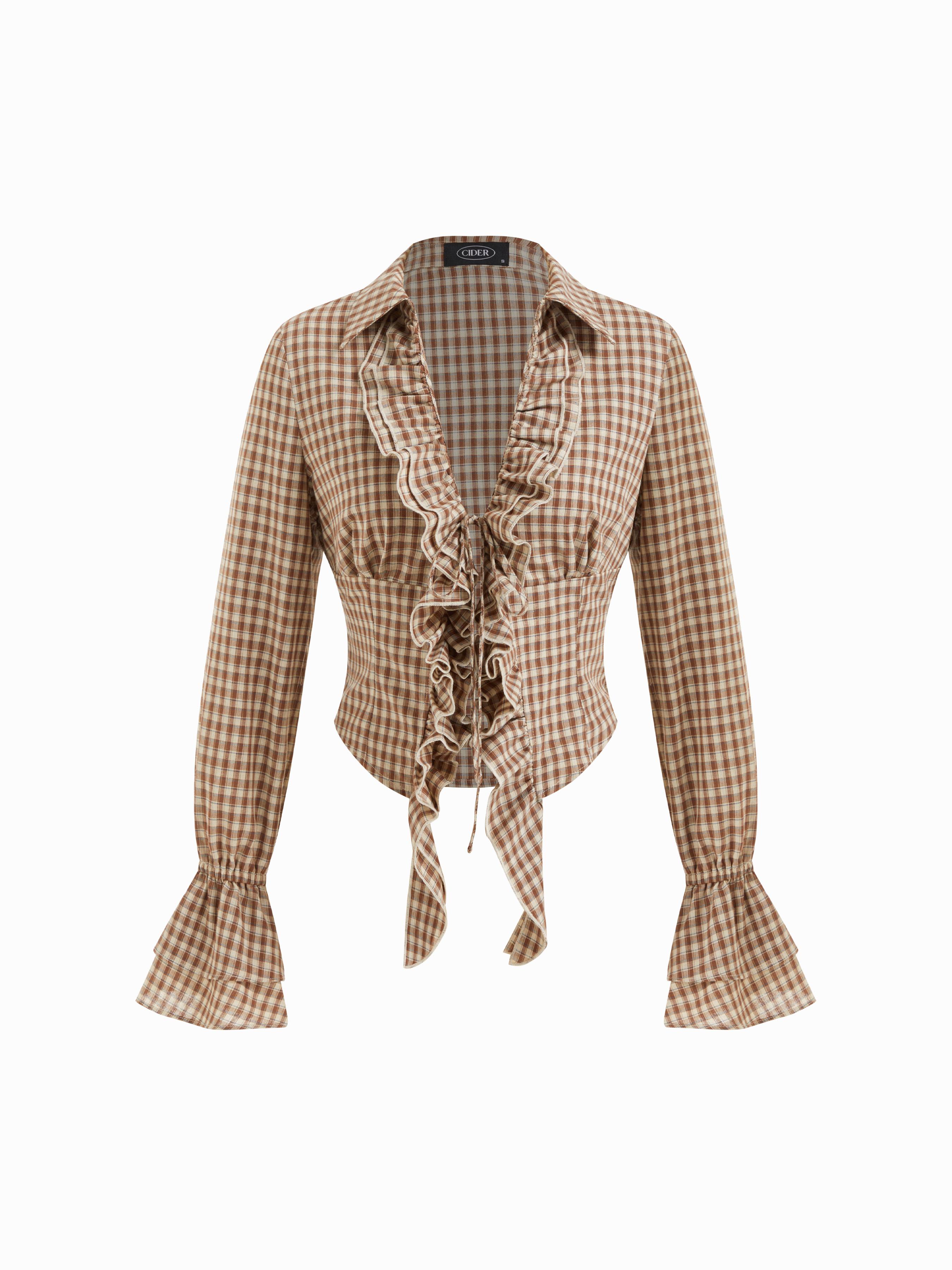 Cotton-blend V-neck Plaid Tie Front Ruffle Hem Blouse by CIDER