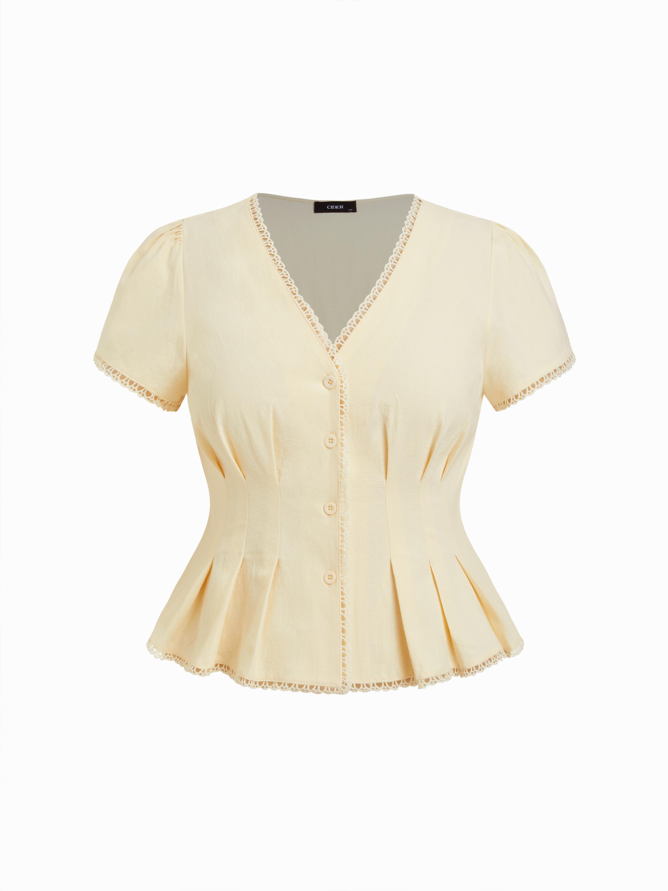Cotton-blend V-neck Pleated Ruffle Hem Blouse Curve & Plus by CIDER