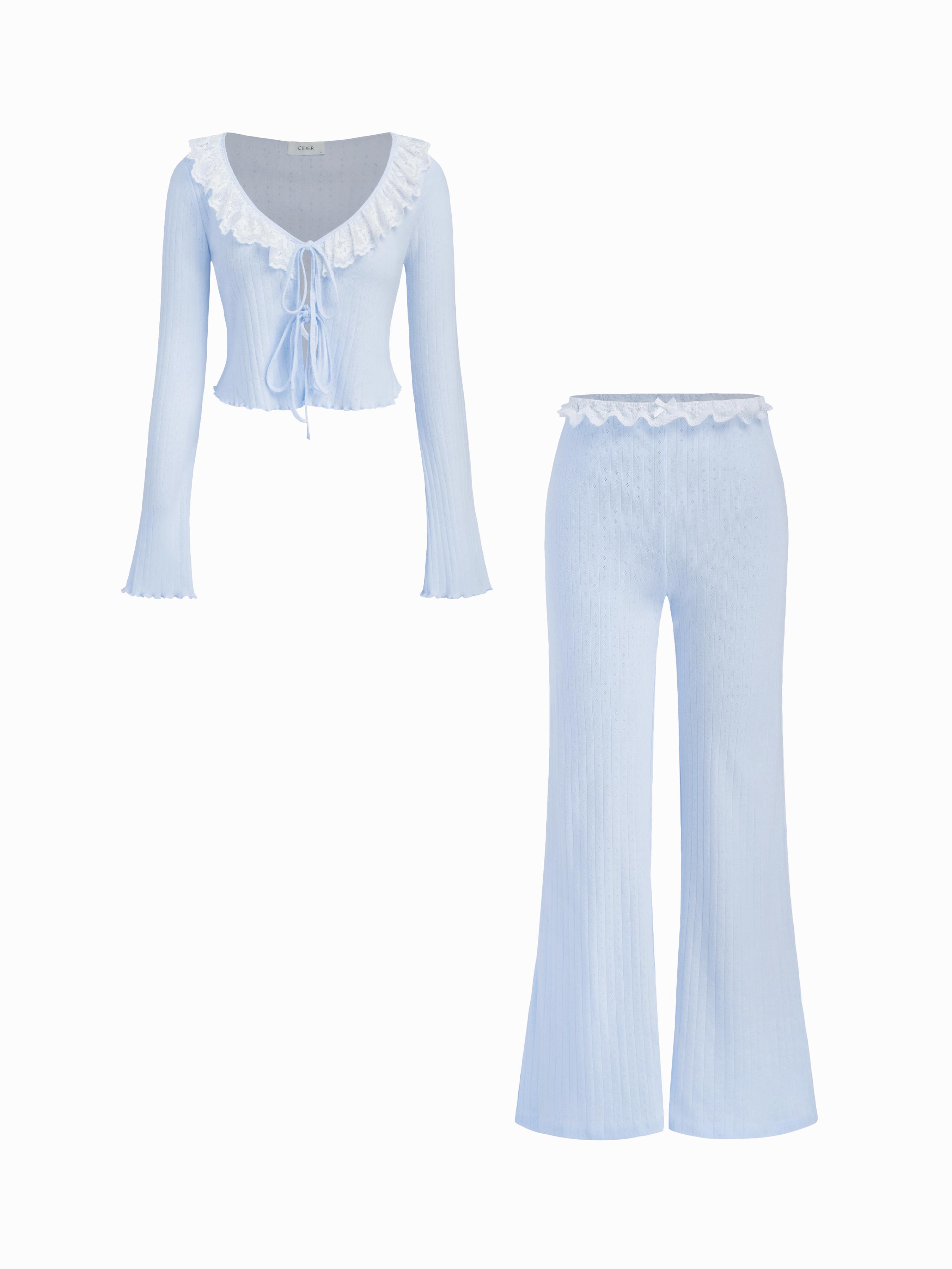 Cotton-blend V-neck Pointelle Tie Front Top & High Rise Lace Trim Bowknot Flare Trousers Loungewear Set by CIDER