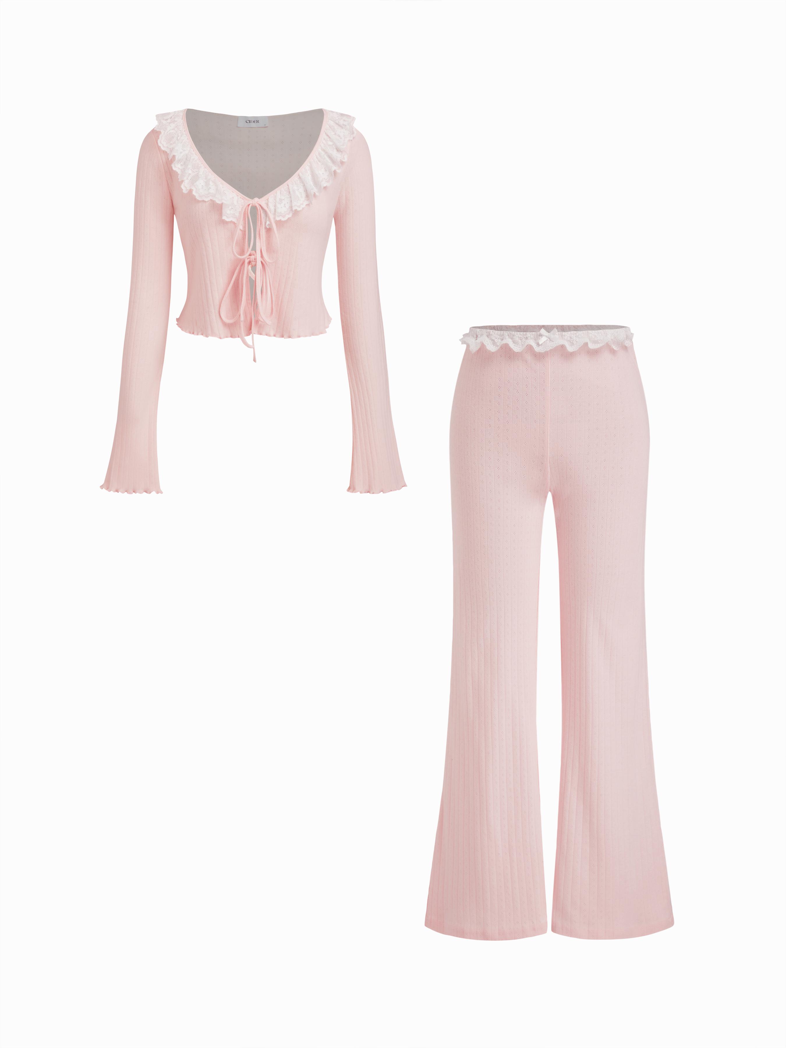 Cotton-blend V-neck Pointelle Tie Front Top & High Rise Lace Trim Bowknot Flare Trousers Loungewear Set by CIDER
