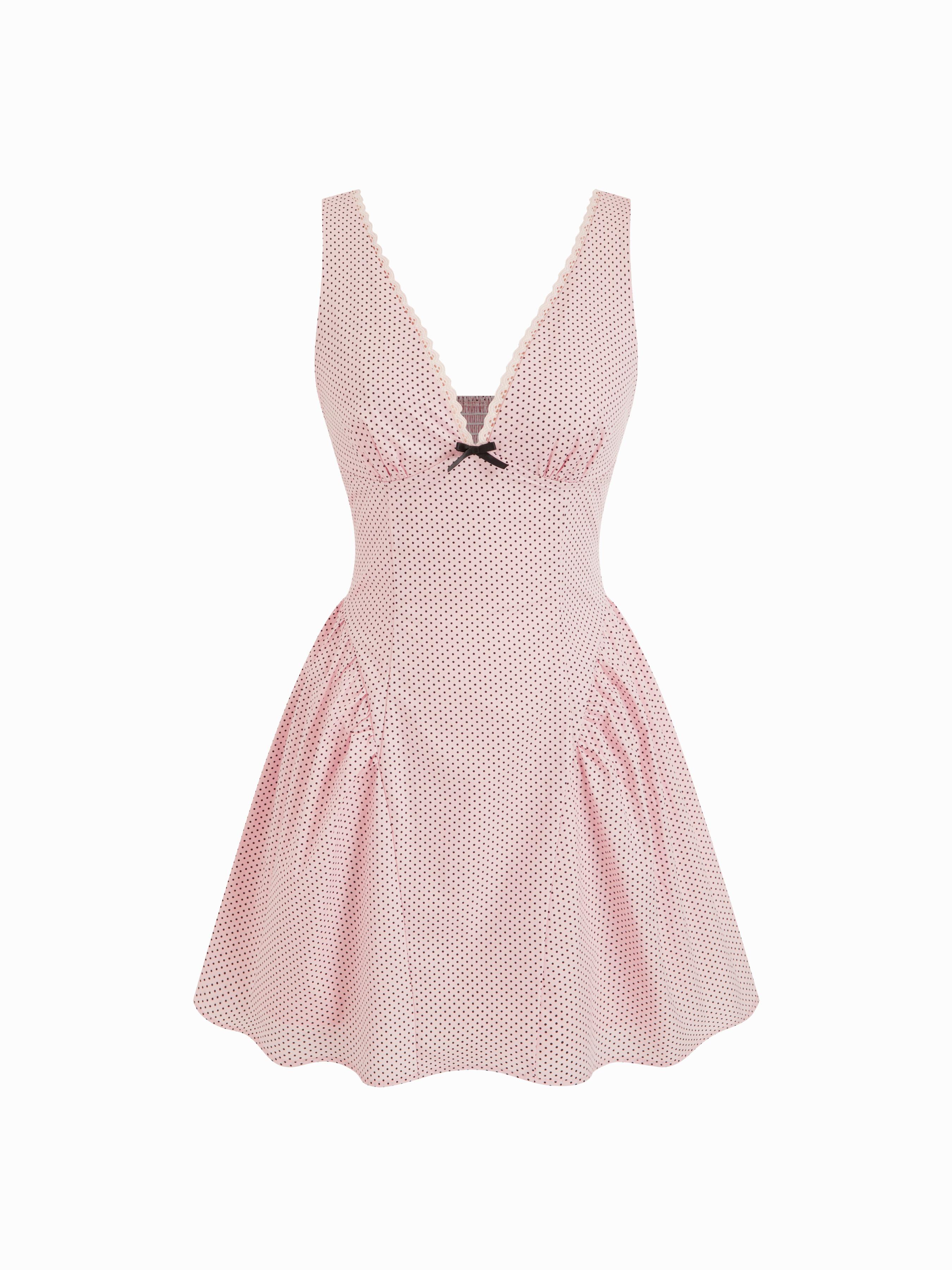 Cotton-blend V-neck Polka Dot Bowknot Smock Mini Dress by CIDER